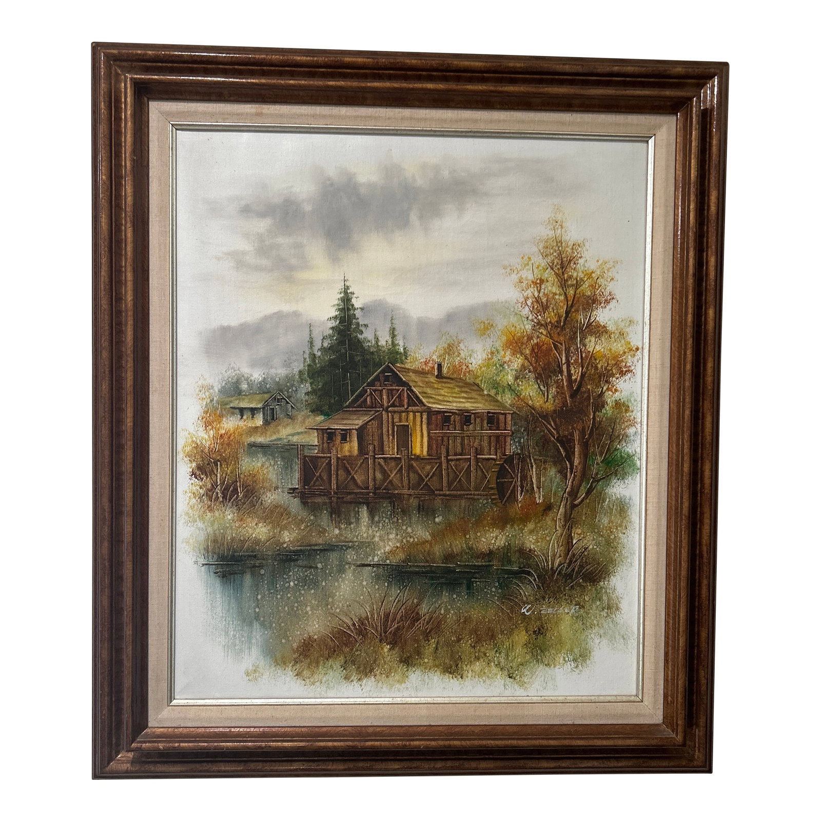 Mid 20th Century Rustic Wooden Cabin on the Lake Framed Oil Painting on Canvas by W. Zeller: This beautiful painting depicts a rustic wooden cabin on the lake, with a stunning frame that complements the artwork. The piece is made with oil painting techniques on canvas, and it is signed by