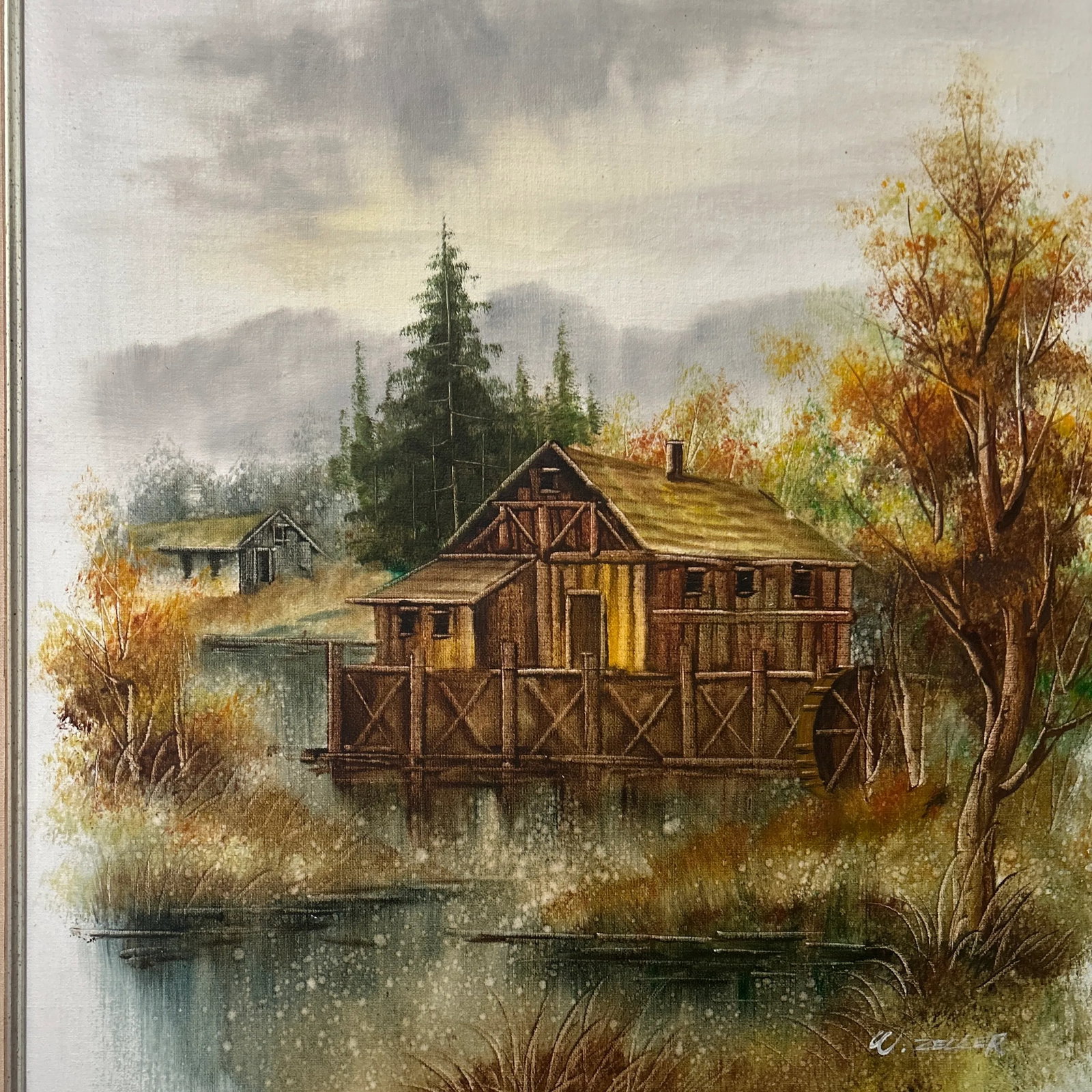 Mid 20th Century Rustic Wooden Cabin on the Lake Framed Oil Painting on Canvas by W. Zeller - 2