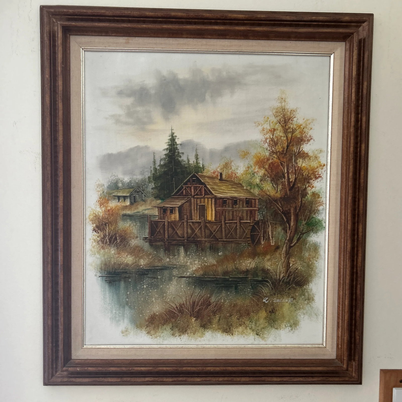 Mid 20th Century Rustic Wooden Cabin on the Lake Framed Oil Painting on Canvas by W. Zeller - 3