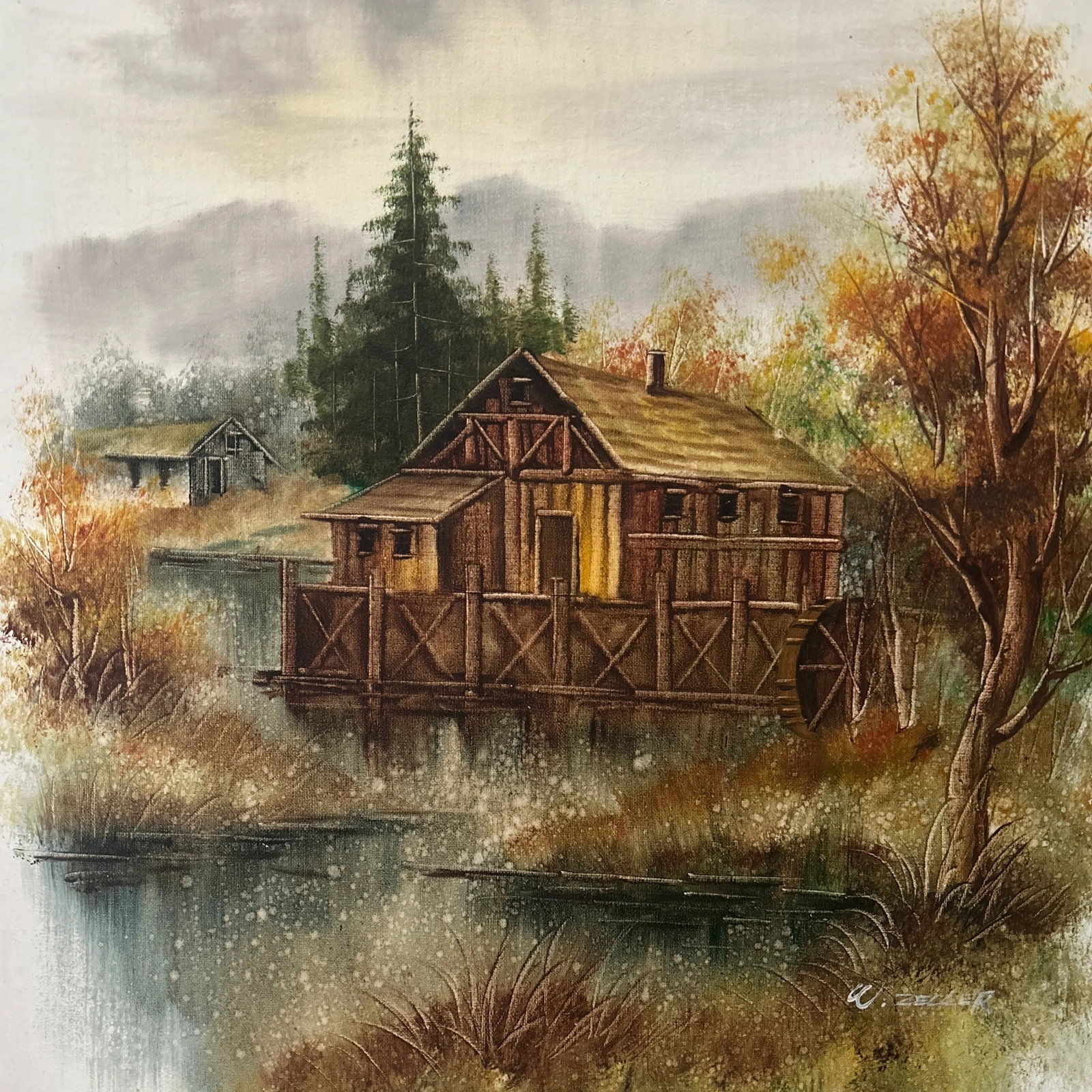 Mid 20th Century Rustic Wooden Cabin on the Lake Framed Oil Painting on Canvas by W. Zeller - 4