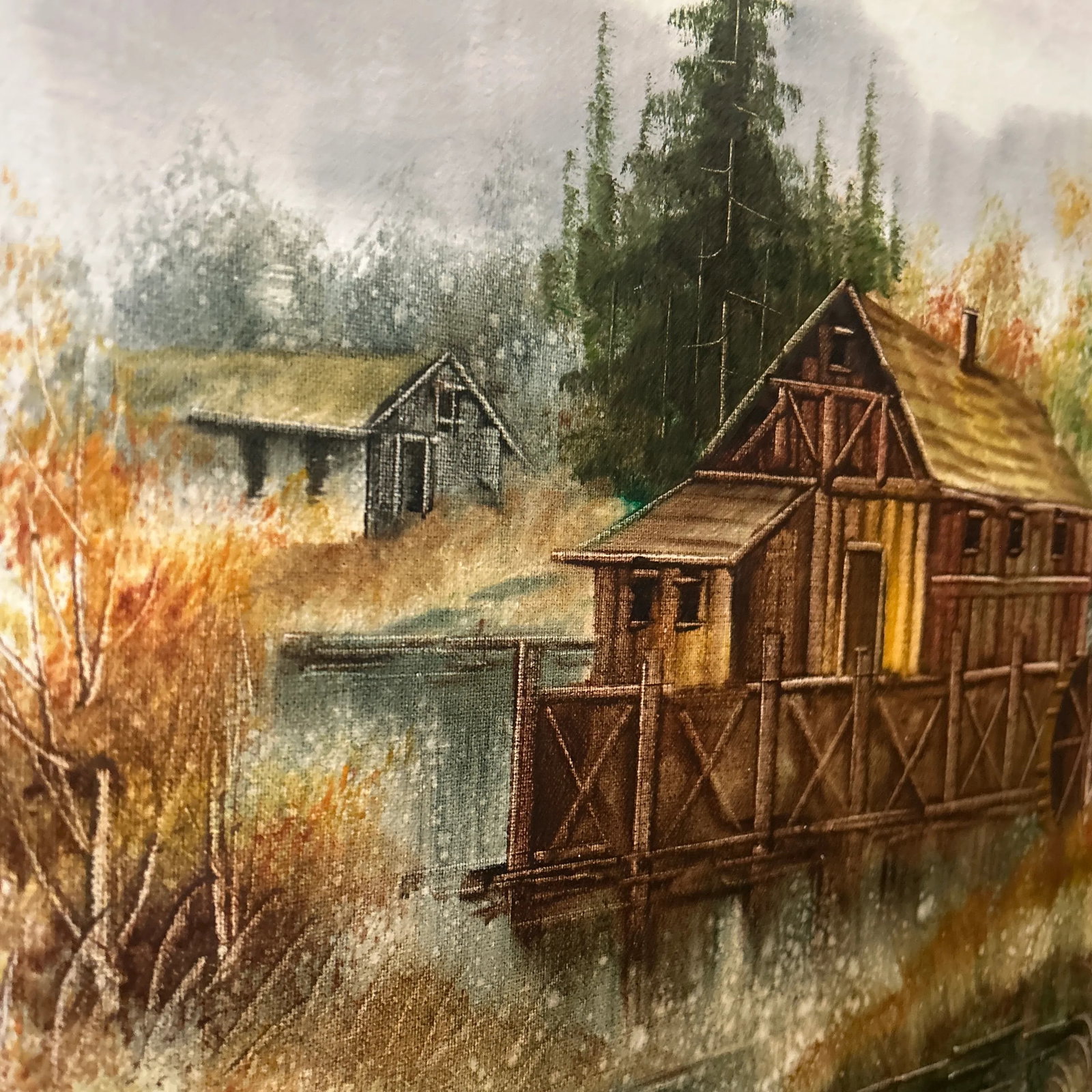 Mid 20th Century Rustic Wooden Cabin on the Lake Framed Oil Painting on Canvas by W. Zeller - 5