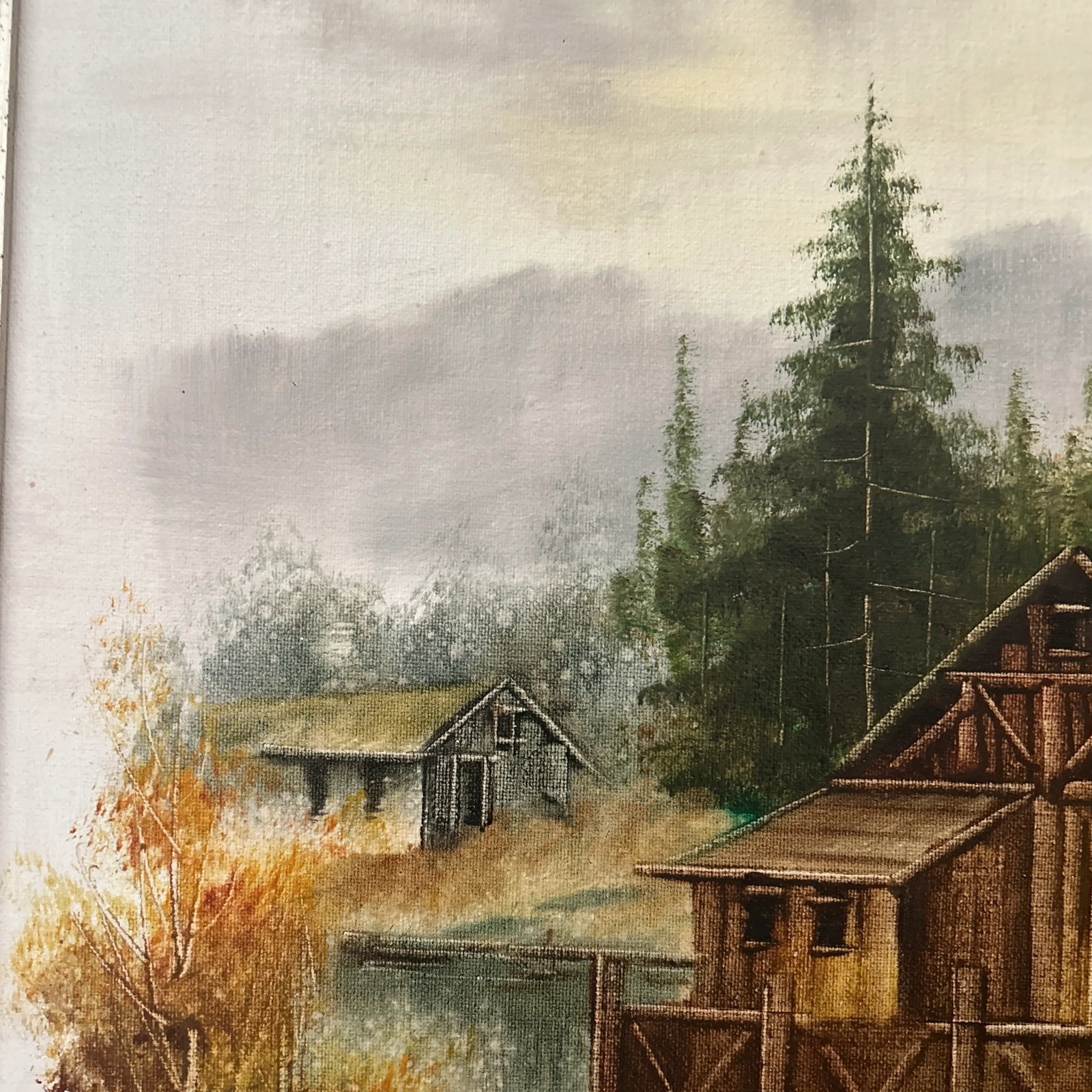 Mid 20th Century Rustic Wooden Cabin on the Lake Framed Oil Painting on Canvas by W. Zeller - 7