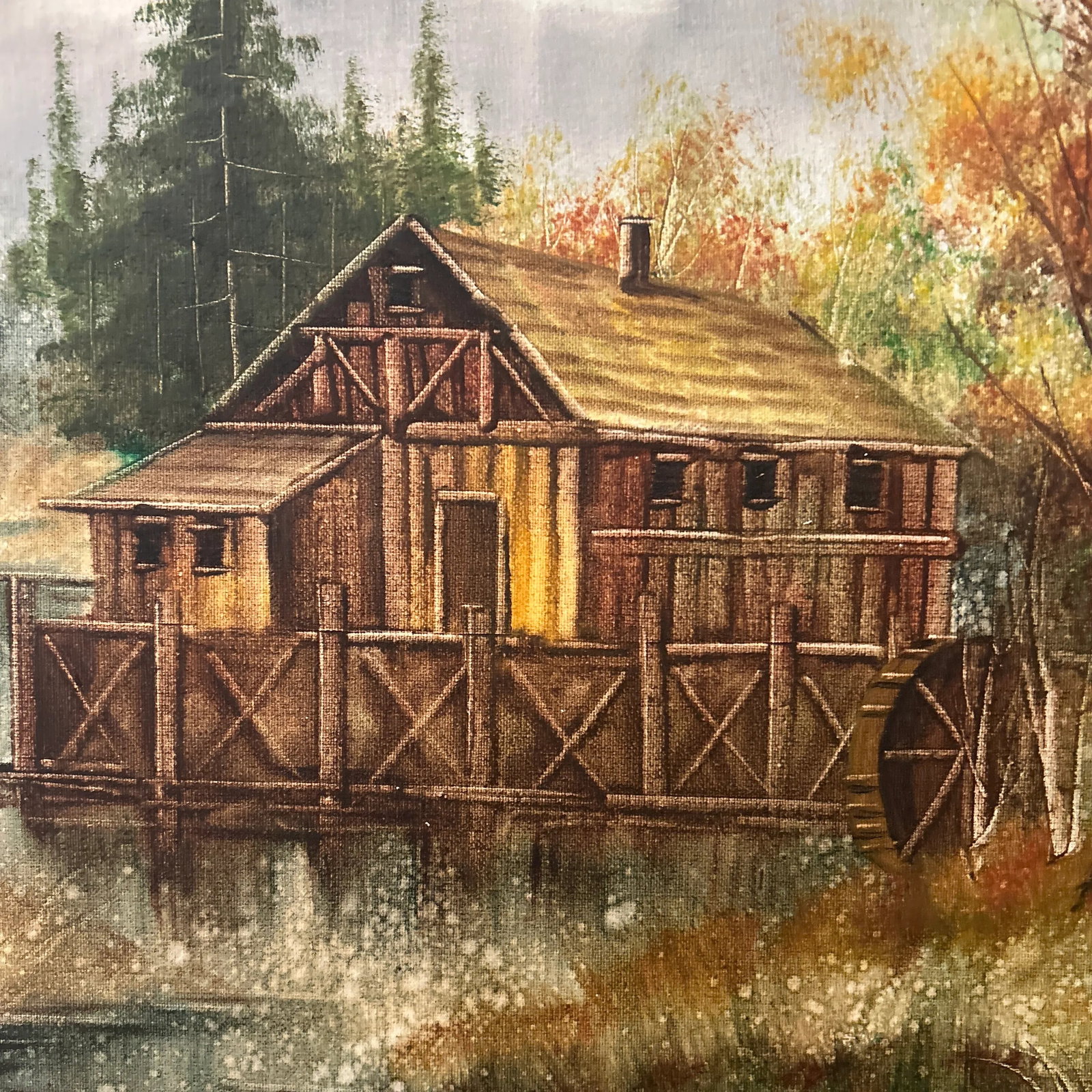 Mid 20th Century Rustic Wooden Cabin on the Lake Framed Oil Painting on Canvas by W. Zeller - 9