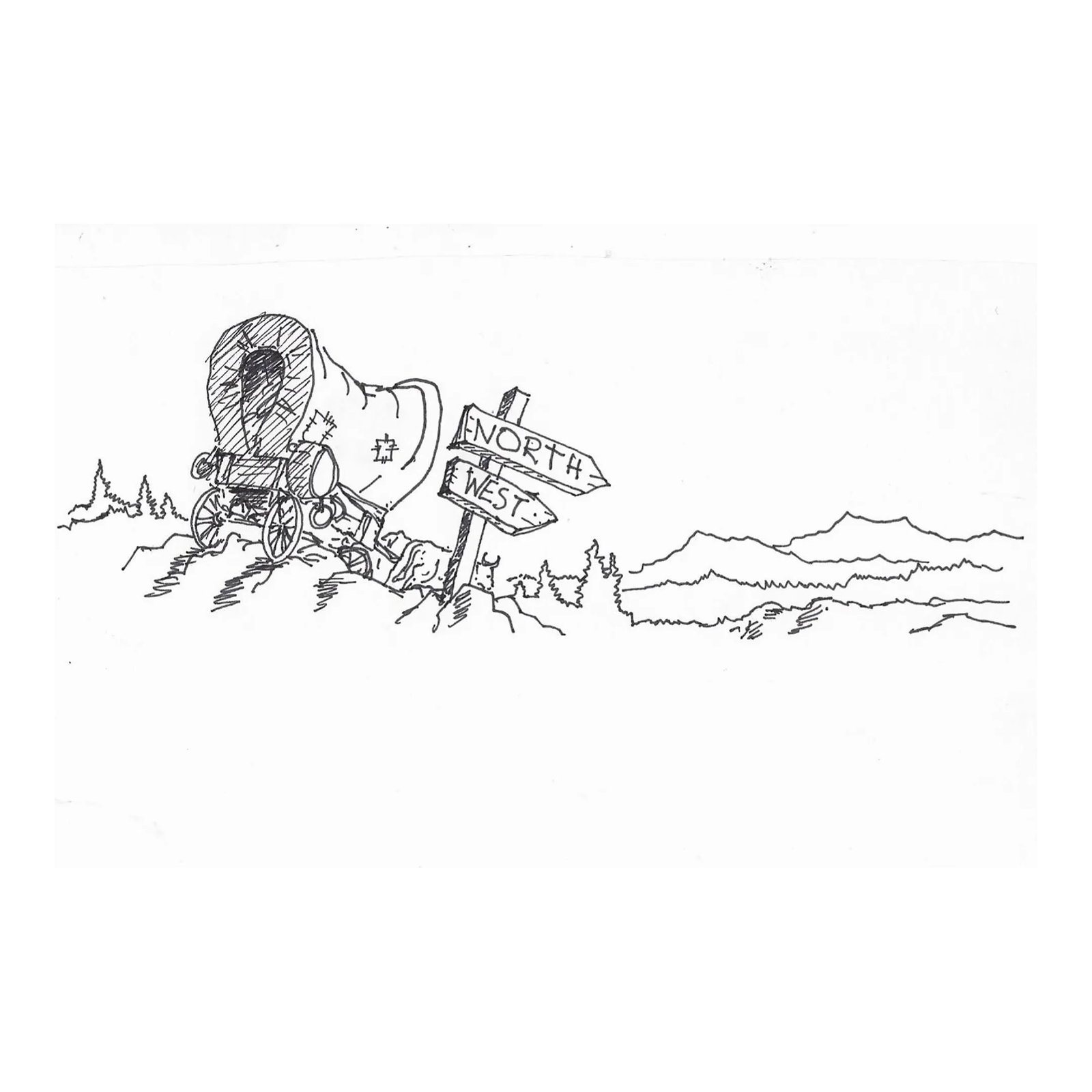 1970s Neil Meitzler Northwest Wagon Illustration: Ink drawing of a north west directed covered wagon from the estate of Northwest School artist Neil Meitzler (1930 - 2009). Stamped lower right. Meitzler's work can be found at the Seattle Art Museum;