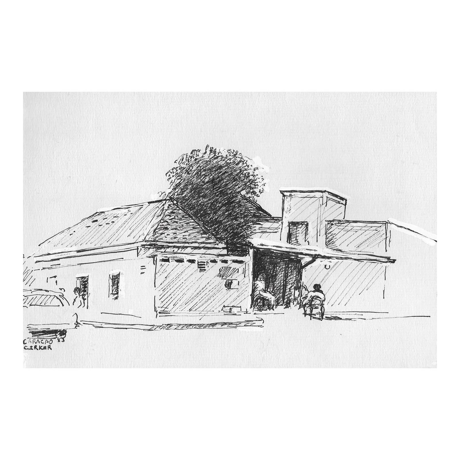 1983 Hayward Cirker Caracao Drawing: From the estate of Hayward Cirker (1917-2000) founder of Dover Publications. Cirker sketched frequently during his travels and weekend vacations. Ink on paper; signed, titled and dated lower left.