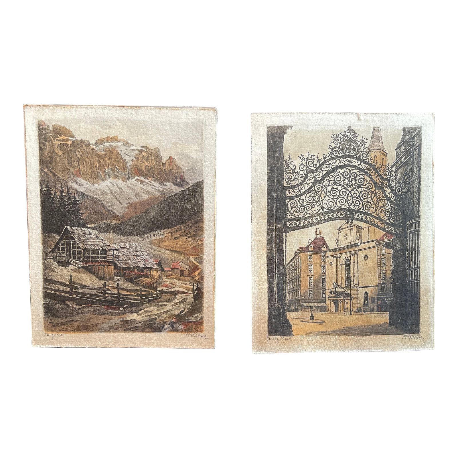 1950s Two Austrian Etching on Silk, Hans Leisch Artist Signed, Cast Iron Gate of the Hofburg Square,: Two Austrian etching on silk by Hans Leisch signed and titled each, mid century modern , the cast iron gate of the main hofburg square in Vienna Austria Condition: Alterations: Original Condition Unal