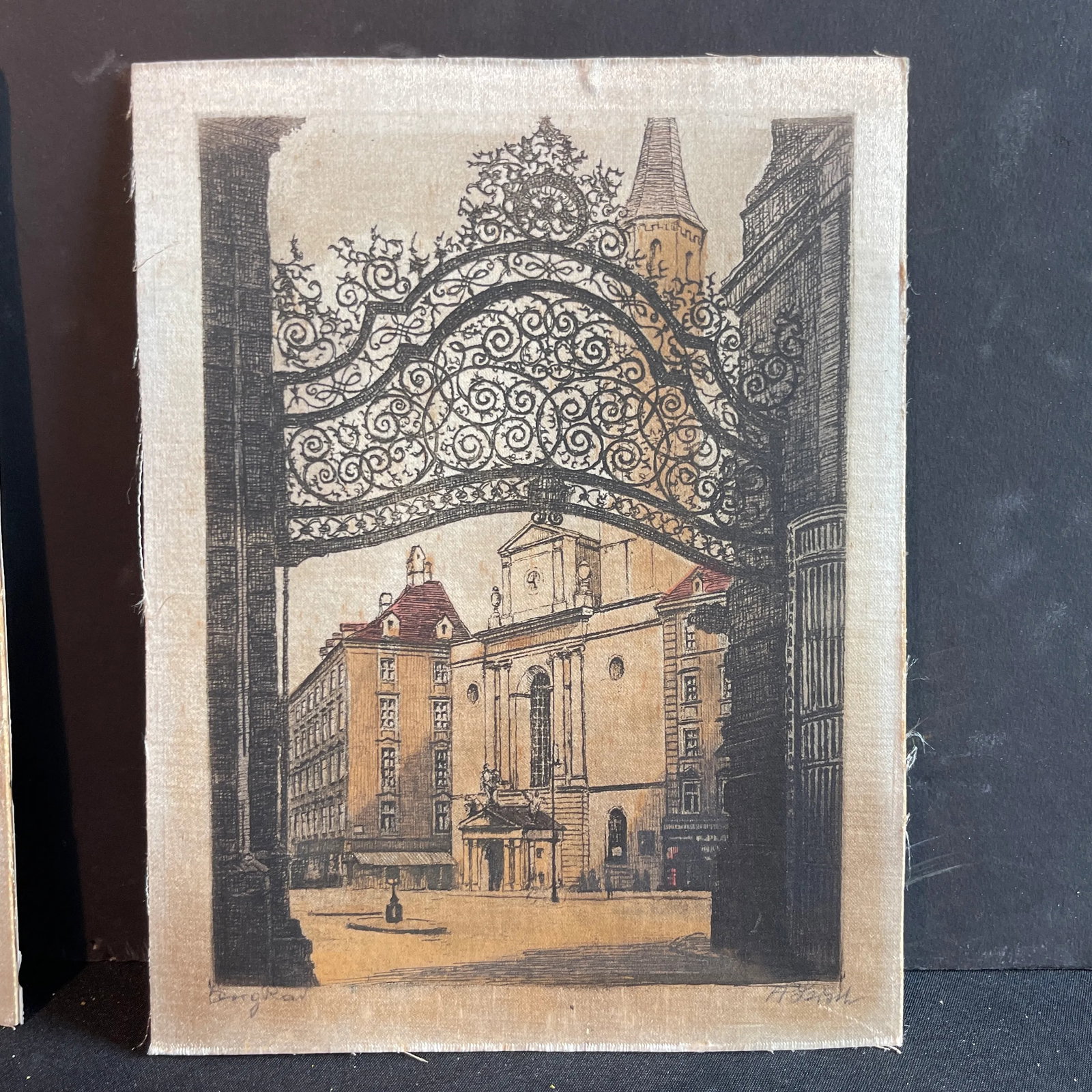 1950s Two Austrian Etching on Silk, Hans Leisch Artist Signed, Cast Iron Gate of the Hofburg Square, - 2