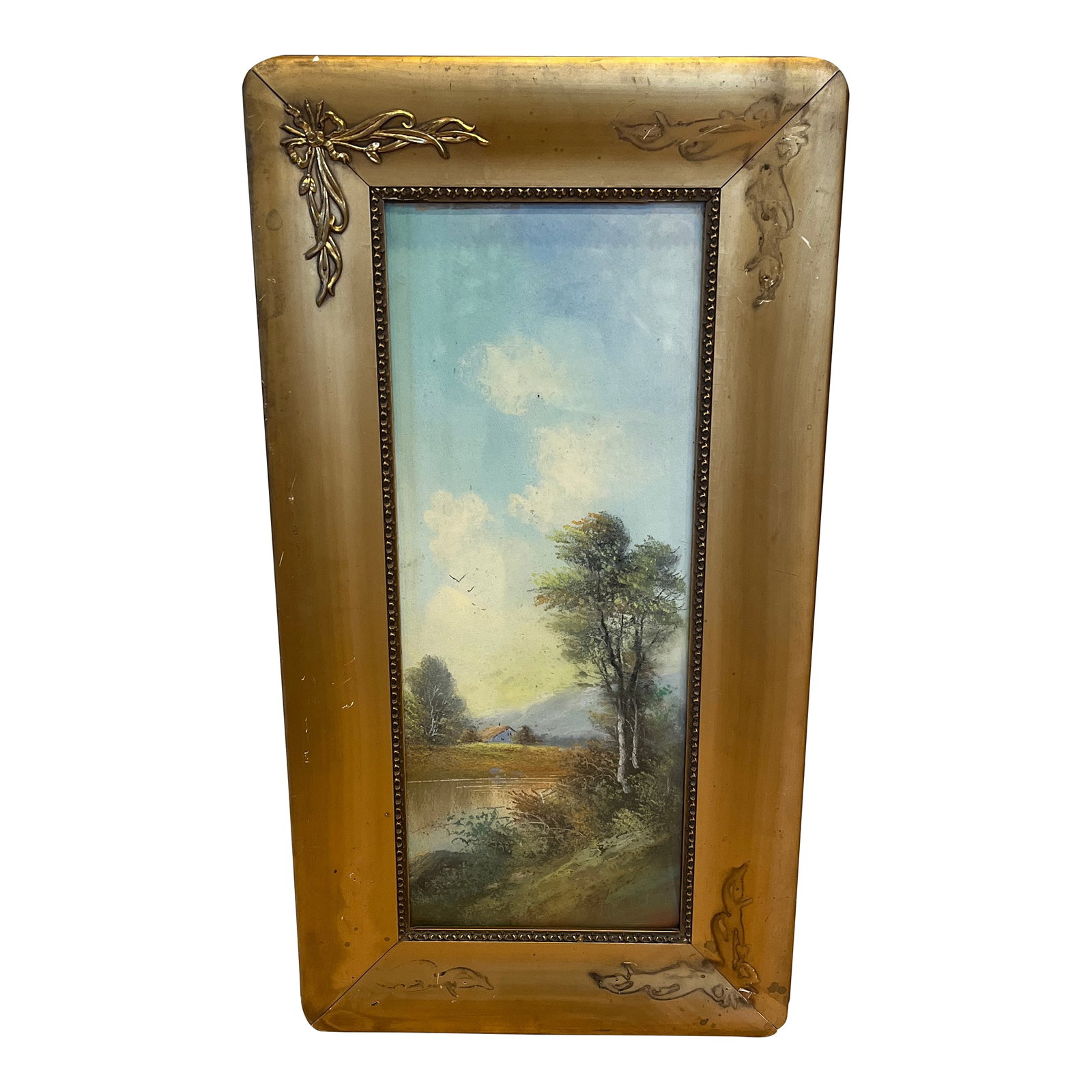 Charcoal Pastel Landscape Drawing Painting: Vintage original landscape drawing under glass and in a gold wood frame. Frame does have and is missing 3 of the four corner decorative accent pieces. A lovely countryside landscape scene depicting a