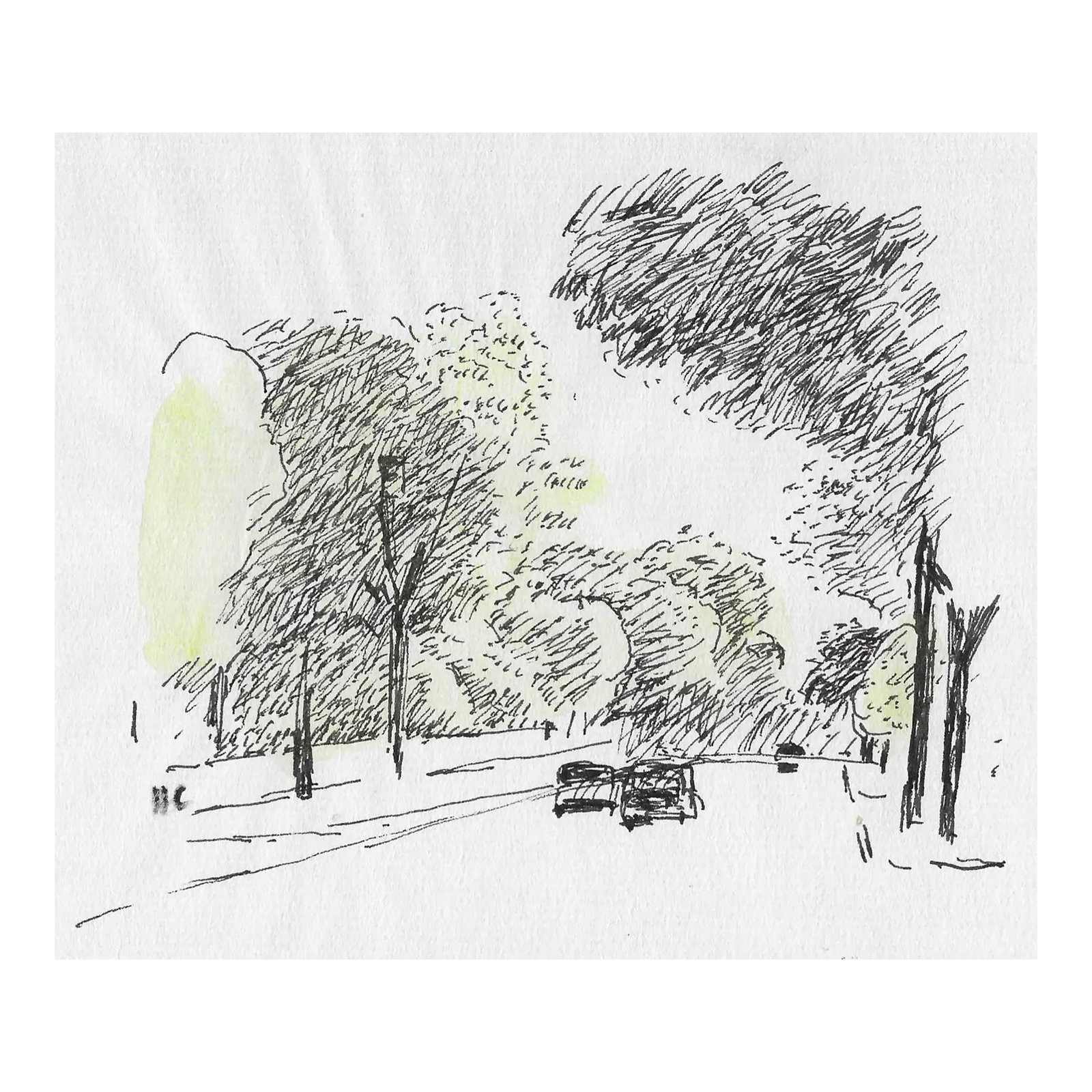 1970s Hayward Cirker City Street Watercolor and Ink: From the estate of Hayward Cirker (1917-2000) founder of Dover Publications. Cirker sketched frequently during his travels and weekend vacations. This is probably Long Island where he lived. Initialed