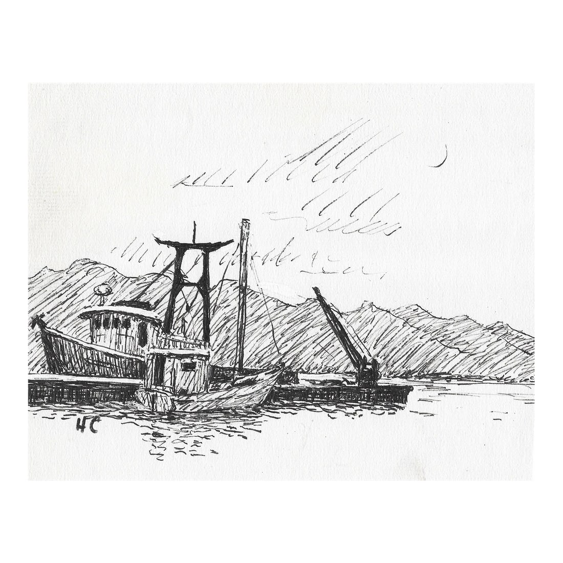 1970s Hayward Cirker Nautical Drawing: From the estate of Hayward Cirker (1917-2000) founder of Dover Publications. Cirker sketched frequently during his travels and weekend vacations. Initialed lower left. Condition: Alterations: