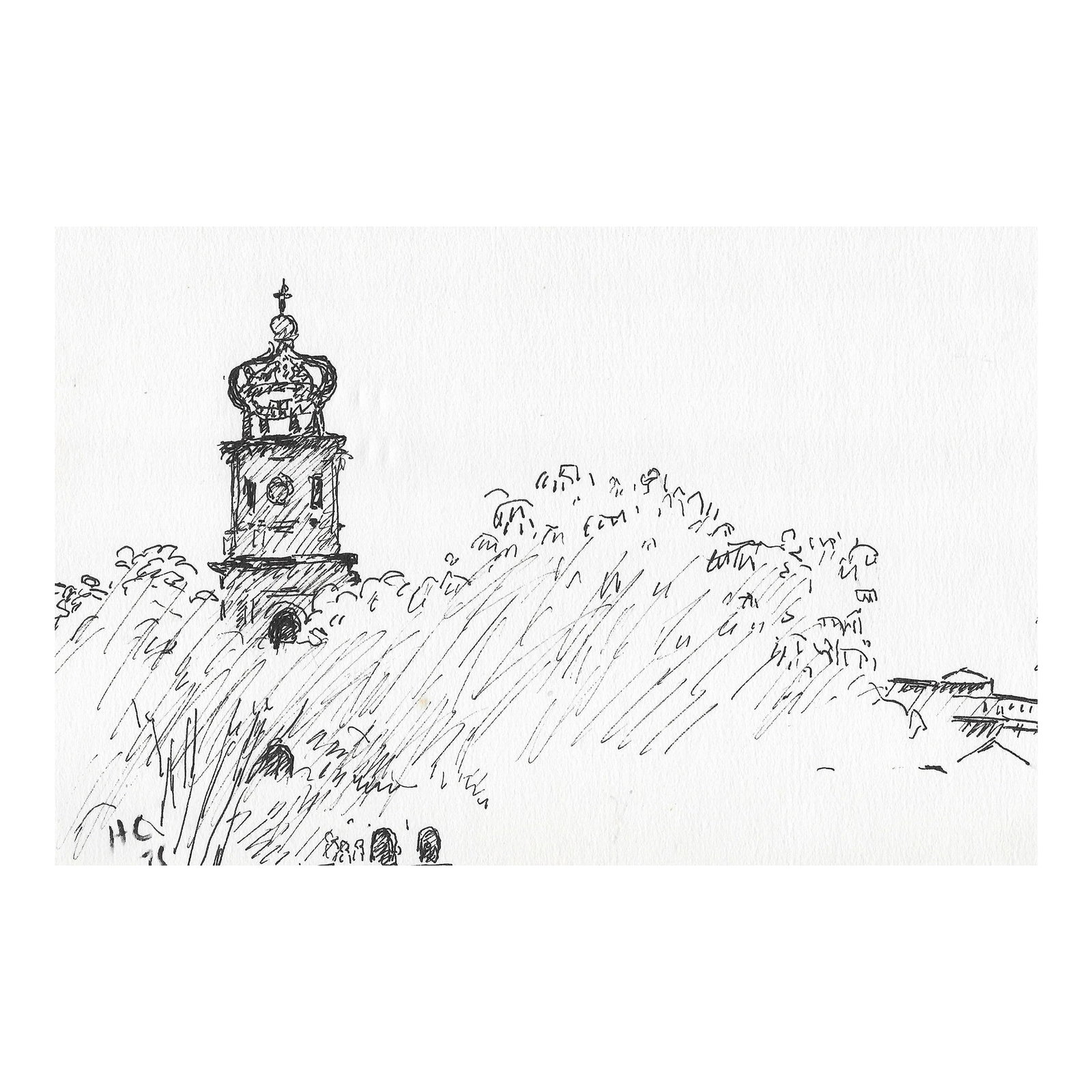 1978 Hayward Cirker Caribbean Church Landscape: From the estate of Hayward Cirker (1917-2000) founder of Dover Publications. Cirker sketched frequently during his travels and weekend vacations. Initialed and dated lower left. Condition: