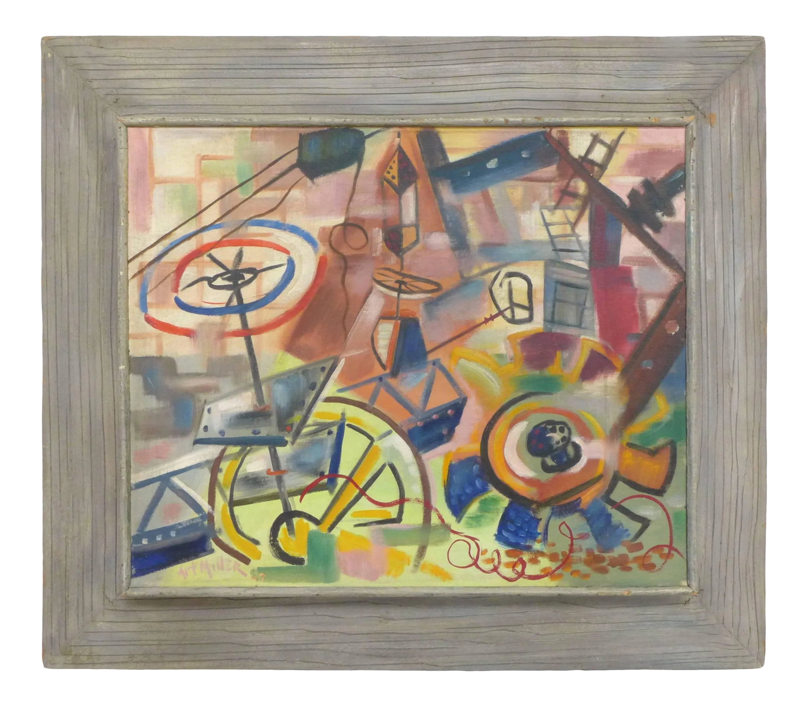 1940s Abstract Painting by Art Miller: An outstanding abstract painting on canvas by Art Miller. A beautiful kaleidoscope of muted tones depicting a fervently kinetic urban landscape. A barrage of color and form consciously yet