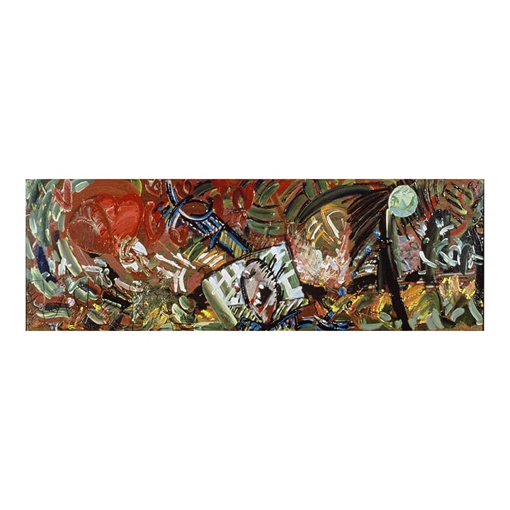 "Love Money", 1998. Mixed Media, Landscape on Wood Panel by Joe Ginsberg. Oil, Charcoal, Acrylic and: Love Money. Two opposing concepts. Navigating the strengths of each. How contrasts attract or sit still through the adventures we follow. Divided through time, supporting one another at any given mome