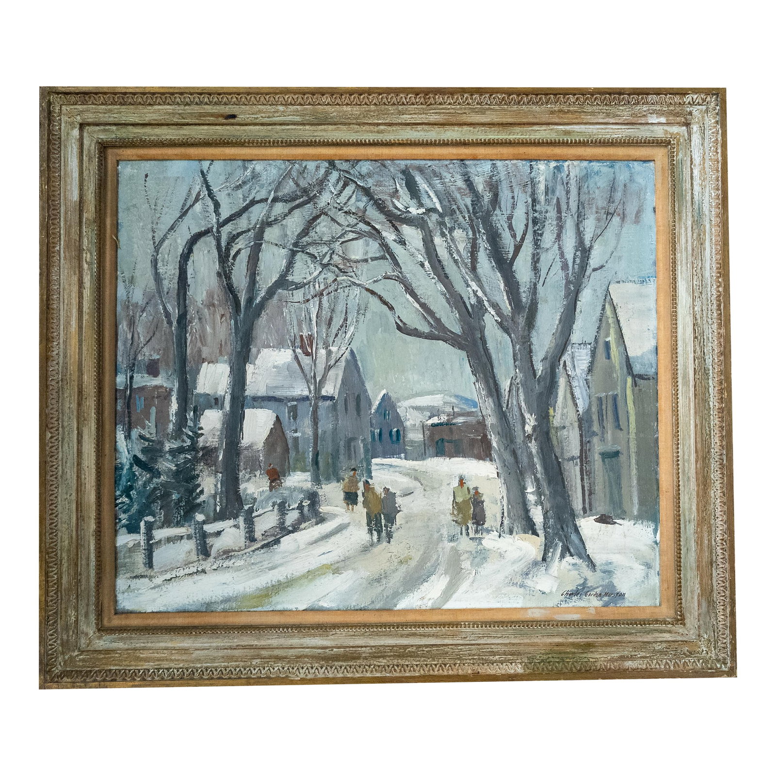 Mid-Century Impressionist Painting of Rockport Maine in Winter by Charles Gordon Marston: We are selling this attractive impressionist landscape painting of Rockport in Winter. This Maine scene features several figures out on the town in a snowy scene. The painting is signed lower right