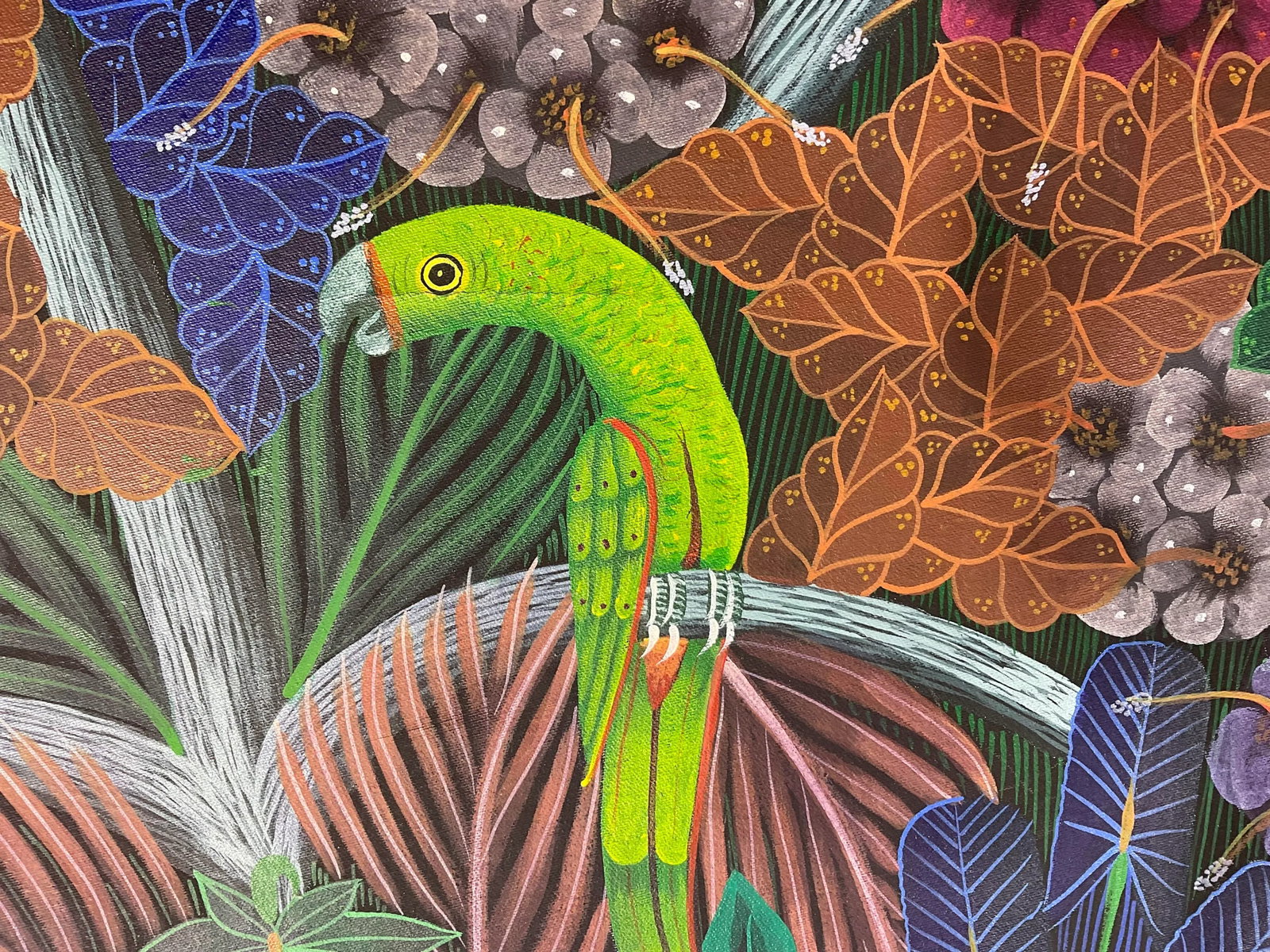 Captivating Haitian Acrylic Painting: "Parrots in the Jungle" by p.t. Donald - 10