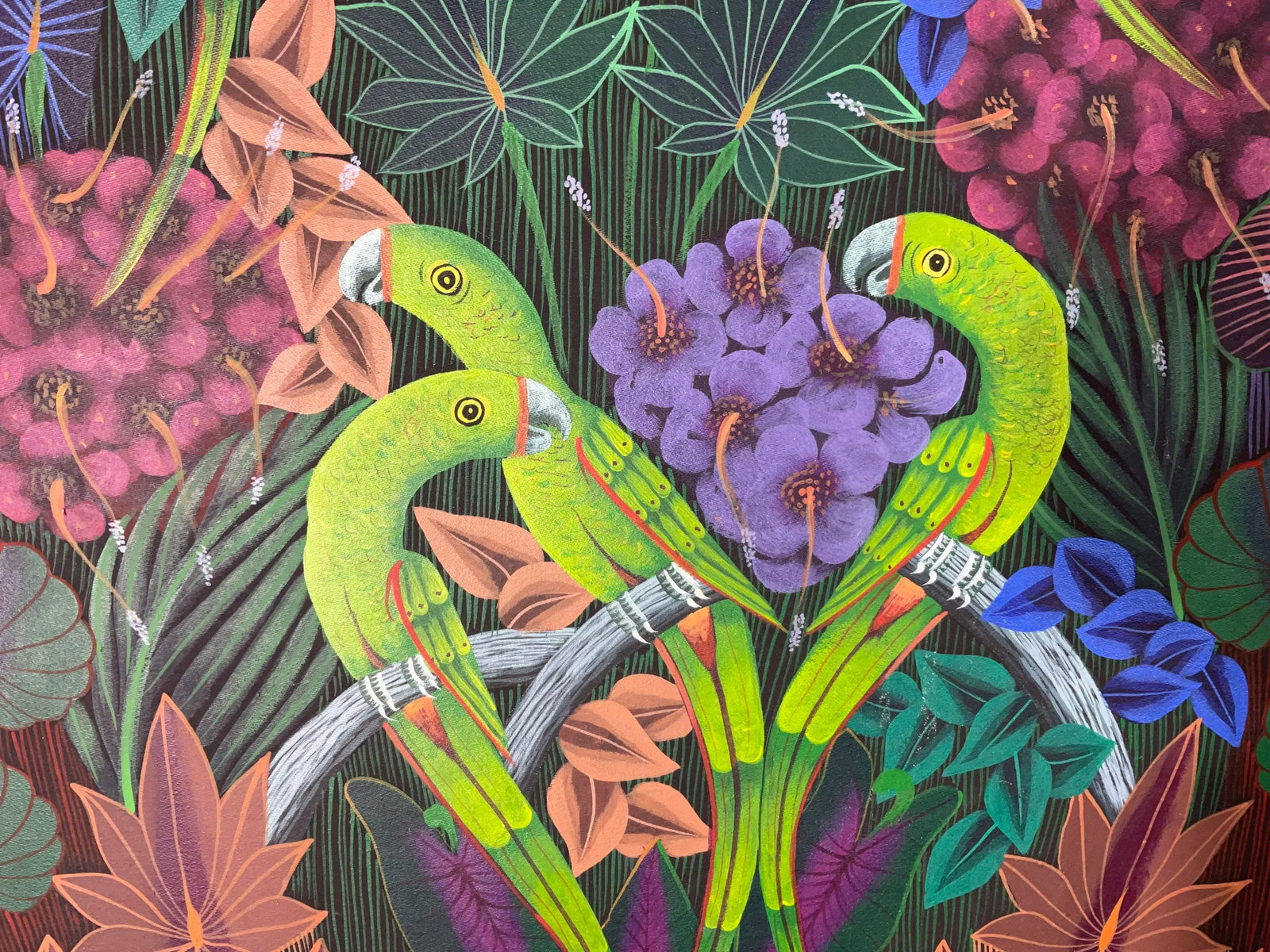Captivating Haitian Acrylic Painting: "Parrots in the Jungle" by p.t. Donald - 11