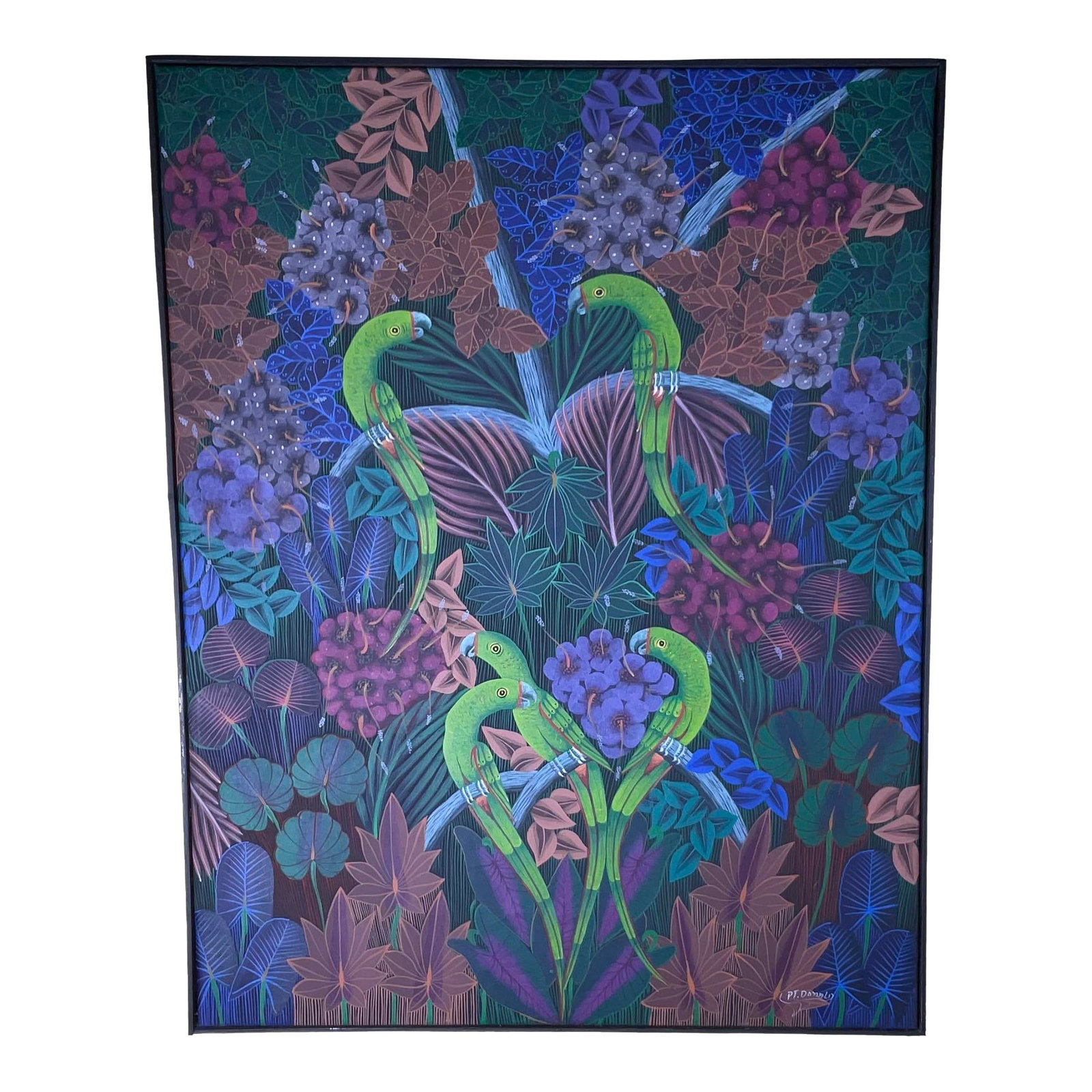 Captivating Haitian Acrylic Painting: "Parrots in the Jungle" by p.t. Donald: vibrant beauty of Haiti with this stunning original acrylic painting titled "Parrots in the Jungle," signed by the talented artist P.T. Donald. This exquisite piece is a true testament to the rich