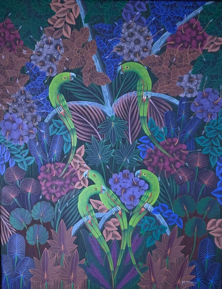 Captivating Haitian Acrylic Painting: "Parrots in the Jungle" by p.t. Donald - 2
