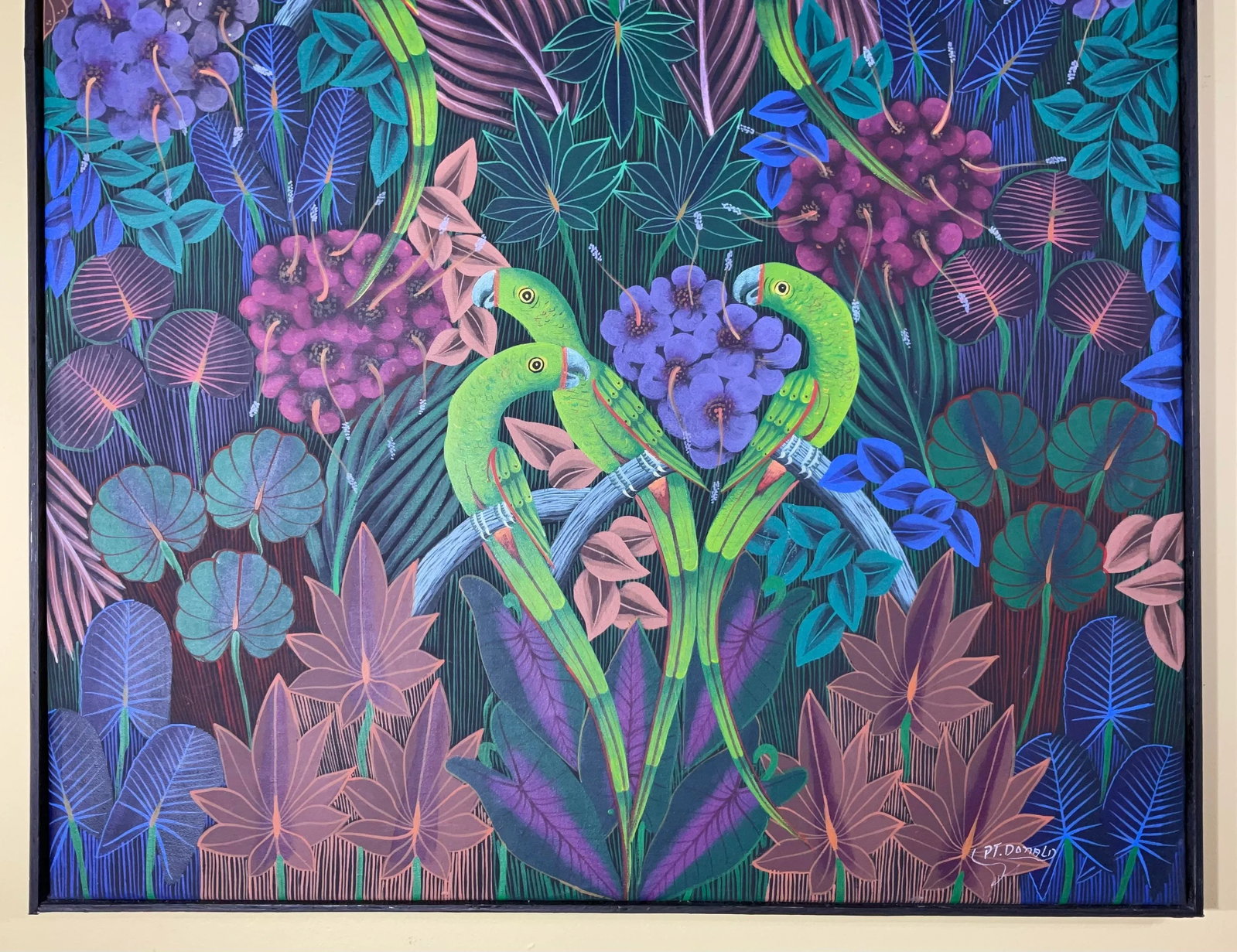 Captivating Haitian Acrylic Painting: "Parrots in the Jungle" by p.t. Donald - 4