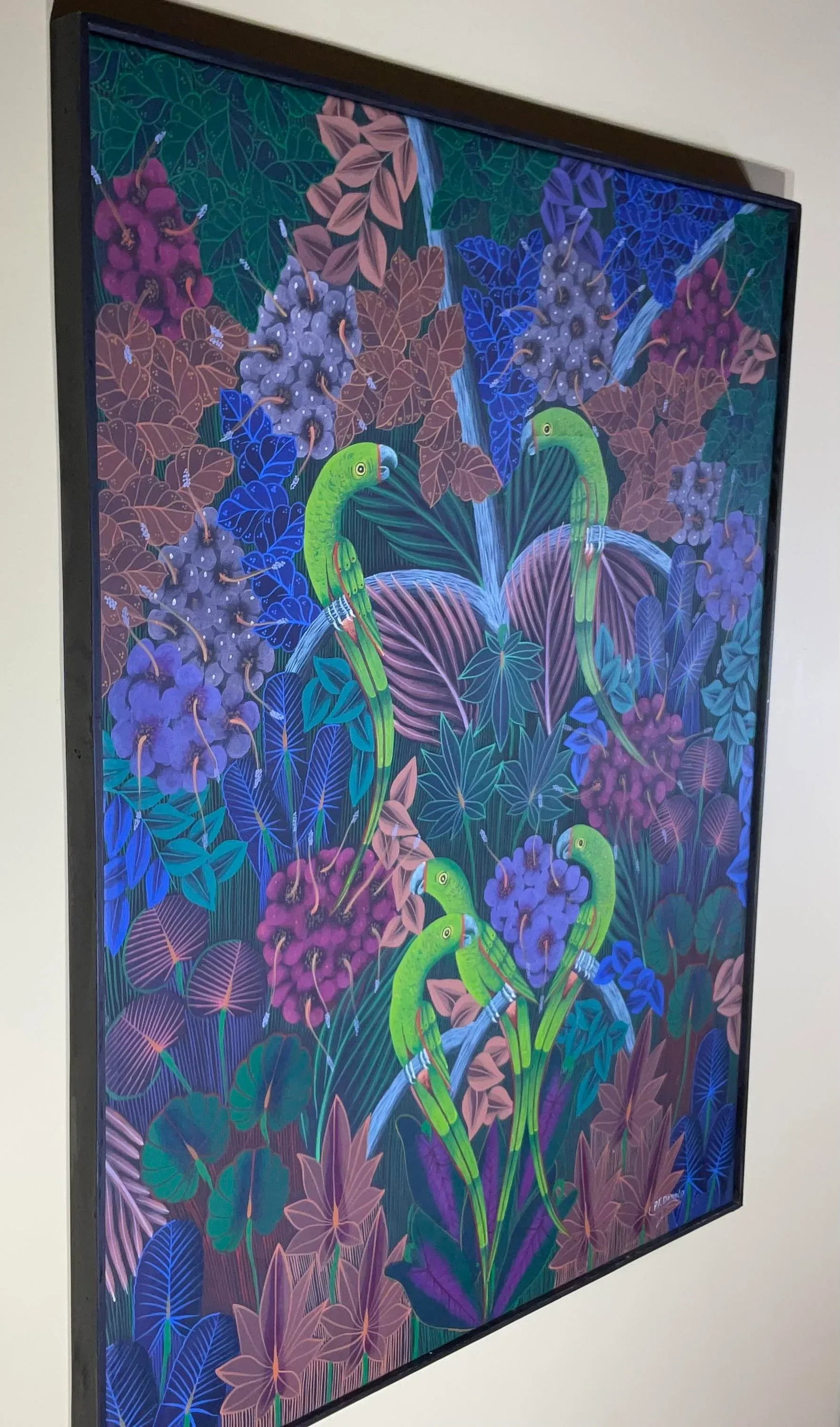 Captivating Haitian Acrylic Painting: "Parrots in the Jungle" by p.t. Donald - 9