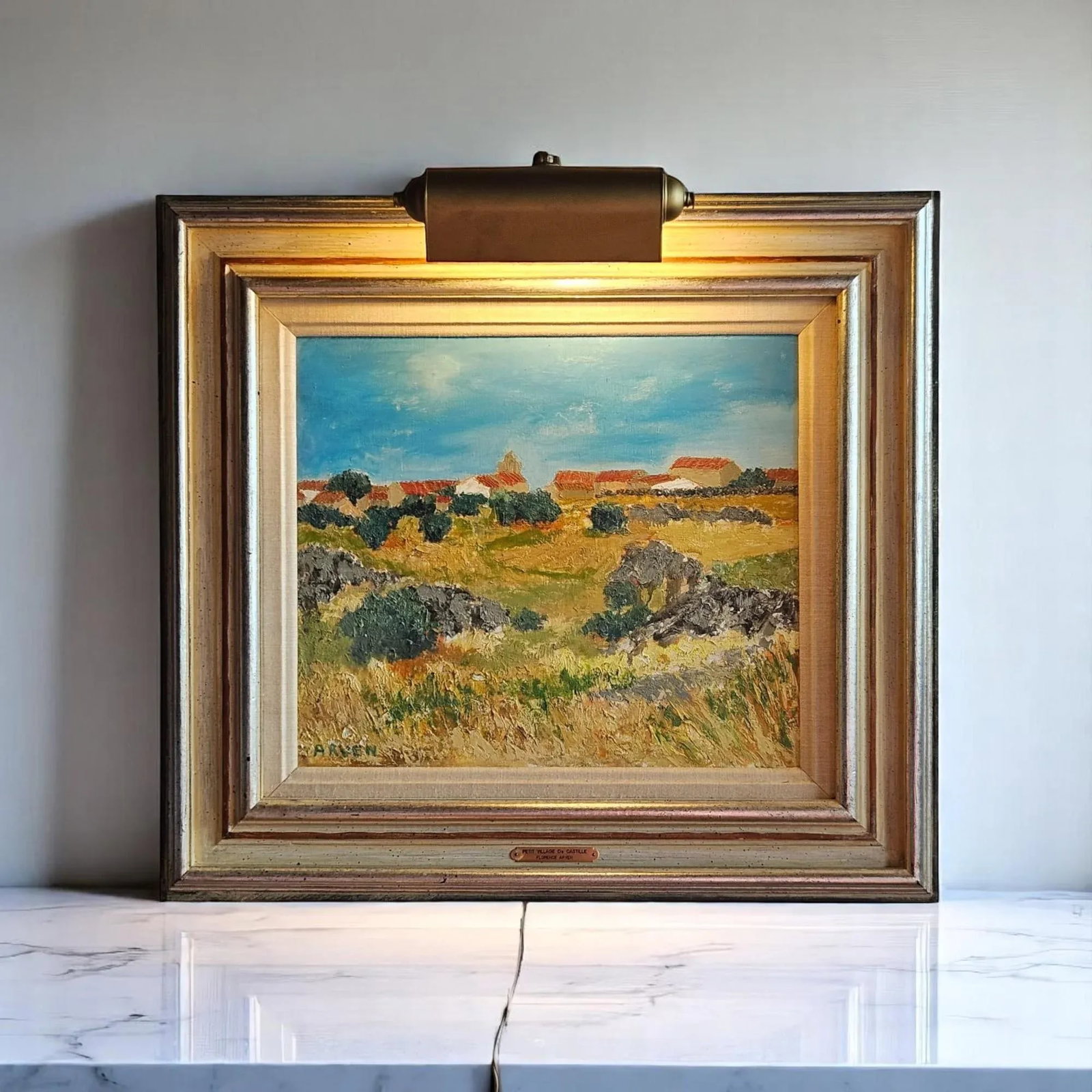 Orignal Florence Arven Oil on Canvas Painting - Petit Village De Castille Framed-Gallery Light-1980- - 3