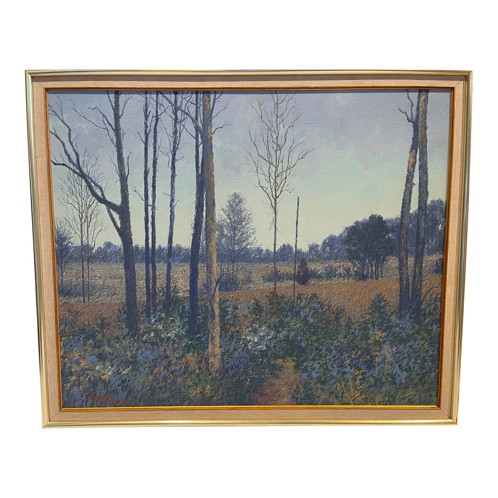 1980s Path at Dusk Durwood Dommisse Landscape Oil on Canvas Painting Framed: Beautiful painting - Landscape of blue flowers and trees - Signed lower left corner by the artist. Titled - "Path at Dusk" Artist - Durwood Dommisse Professionally framed in gold colored frame with