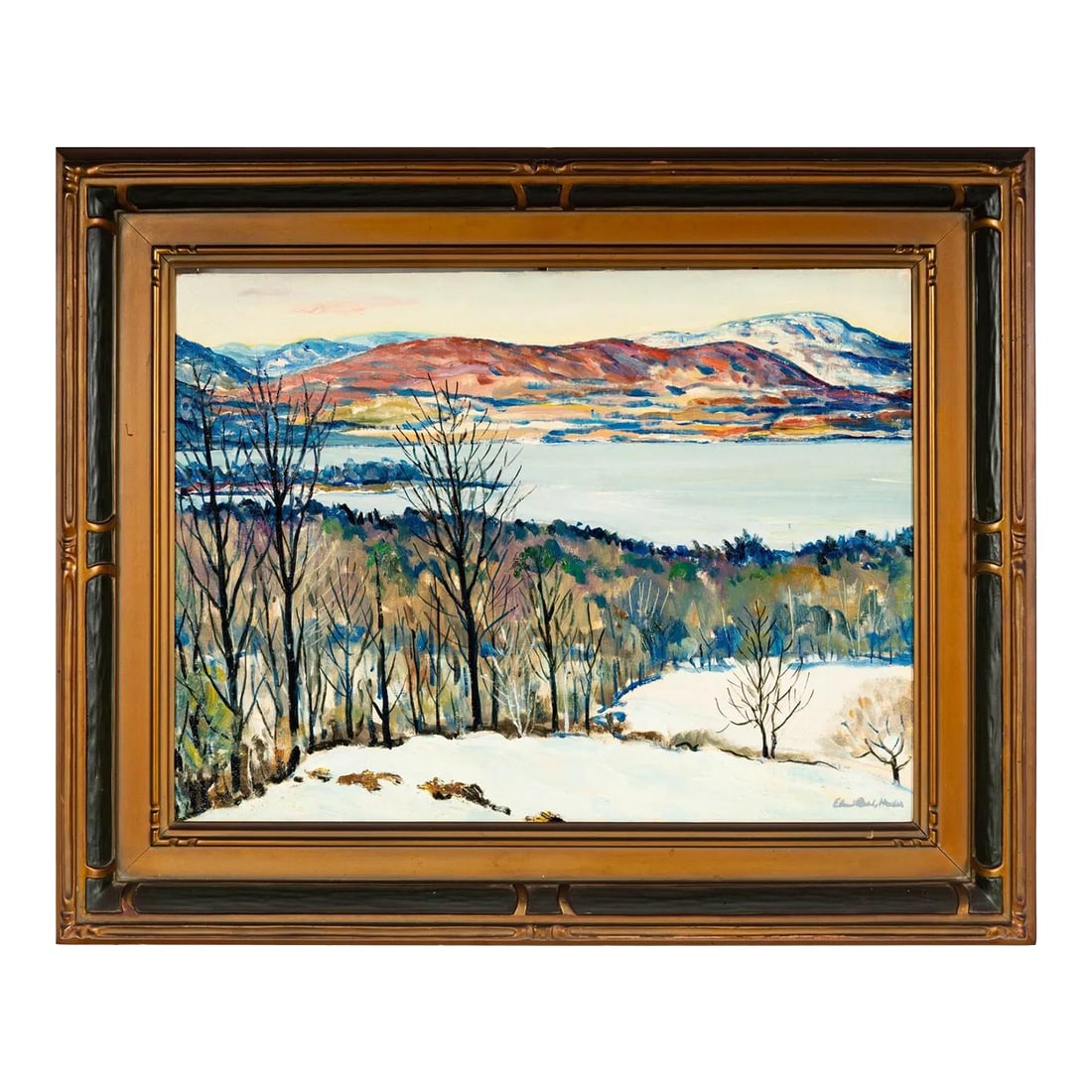 Elmer Stanley Hader, Born 1889, Oil Painting Winter, Shokan: Vintage oil painting on board by NOTED New York/ California artist, Elmer Stanley Hader (1883-1973). Image size 18 x 24. Vintage carved frame, titled "Winter, Shokan" Redfern (California) Gallery