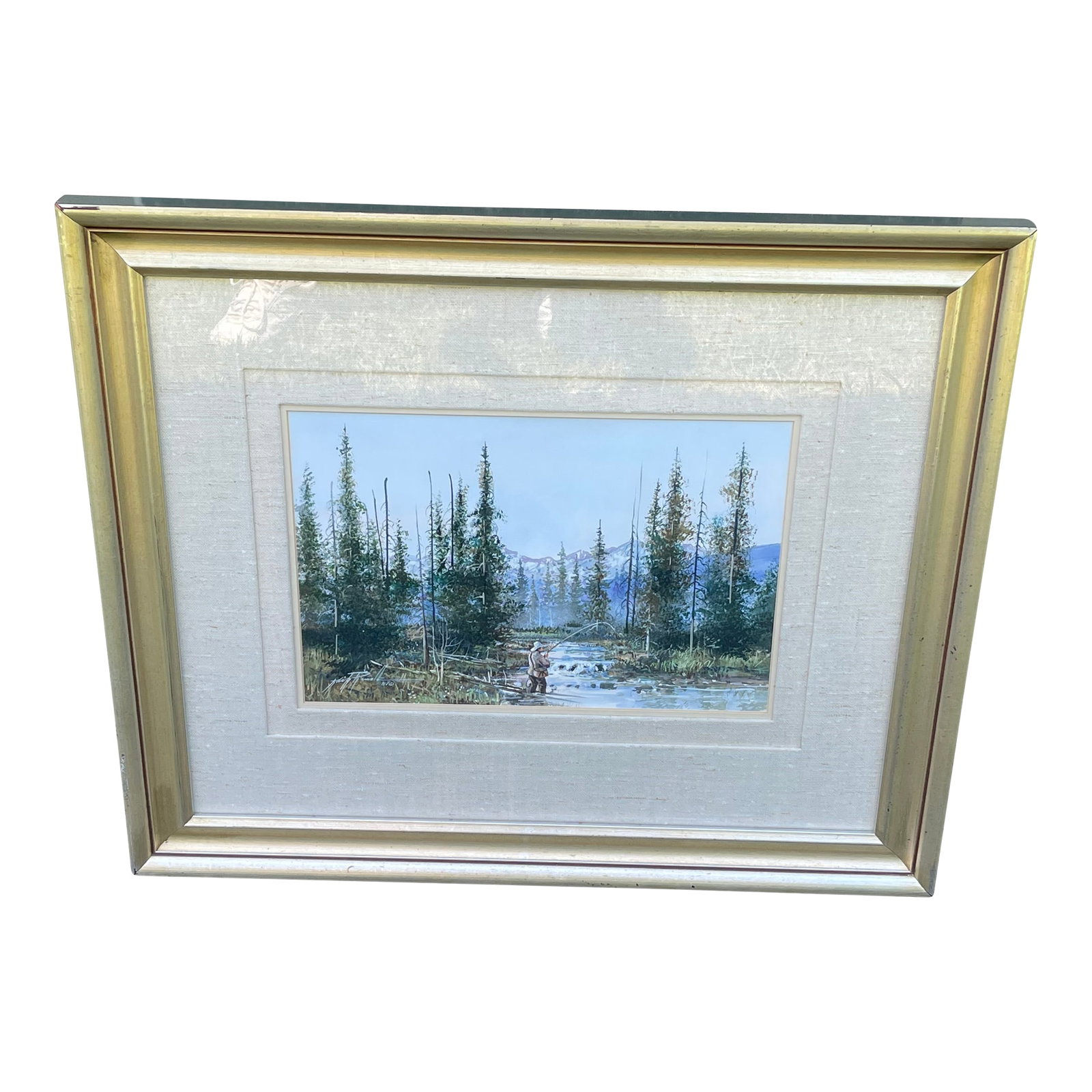 Kirk Randall Painting Utah Native Artist 1952-Present, Framed: Original signed painting by Utah native born artist Kirk Randall. The pics fly fisherman in a mountain stream. Image is nine and three-quarter inches by 14 1/2 inches frame total is 22 inches high by