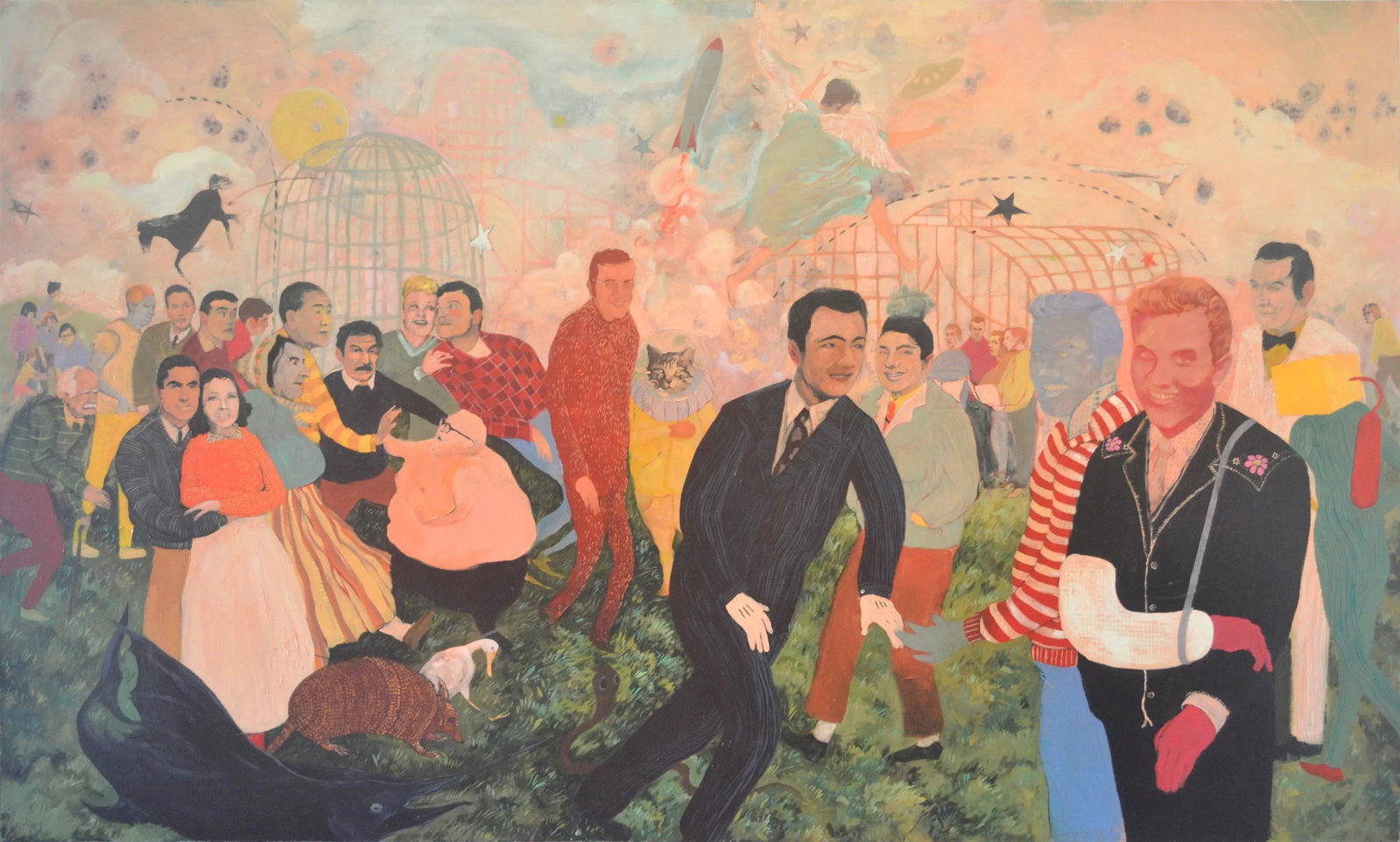 "Untitled" by Jeffrey Vincent, Acrylic and Collage on Canvas: A dynamic acrylic and collage work by Jeffrey Vincent. Human and animal characters populate the foreground of the scene, as the background hosts a paradox of spacecraft and angels. A professional