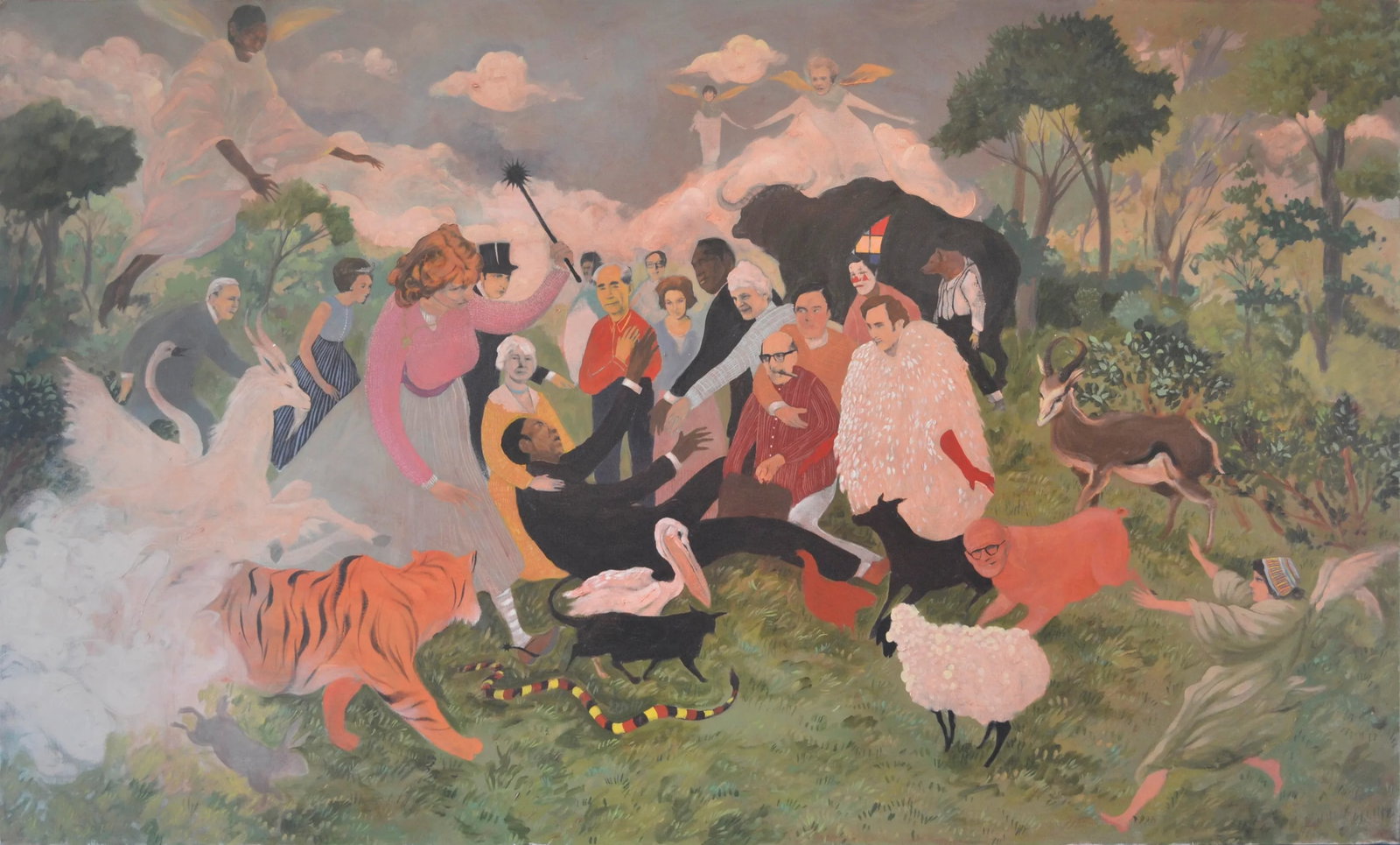 "New Gods" by Jeffrey Vincent, Acrylic and Collage on Canvas: A dynamic acrylic and collage work by Jeffrey Vincent. A myriad of characters--human, beast and the supernatural--come together in an ironic, almost biblical tableaux. A professional artist since