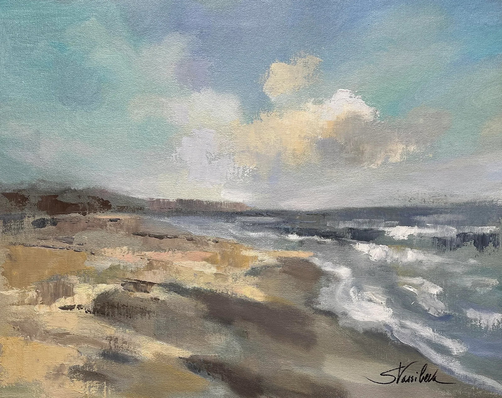 Morning Beach Acrylic Painting: This impressionistic seascape is inspired by a morning beach. It is capturing a serene coastal moment with soft blue tones and a light, airy atmosphere. The wet sand glistens gently under a diffused