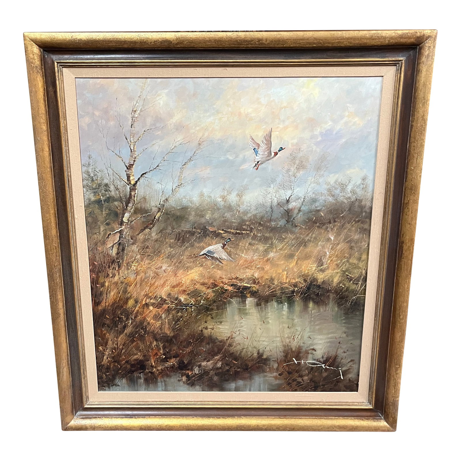 1930s Oil Painting by German Artist Hans Hansung: Oil painting of marsh scene with birds in flight by Hans Hansung 1937 Condition: Alterations: Original Condition Unaltered Imperfections: Some Imperfections Condition Notes: Good vintage condition