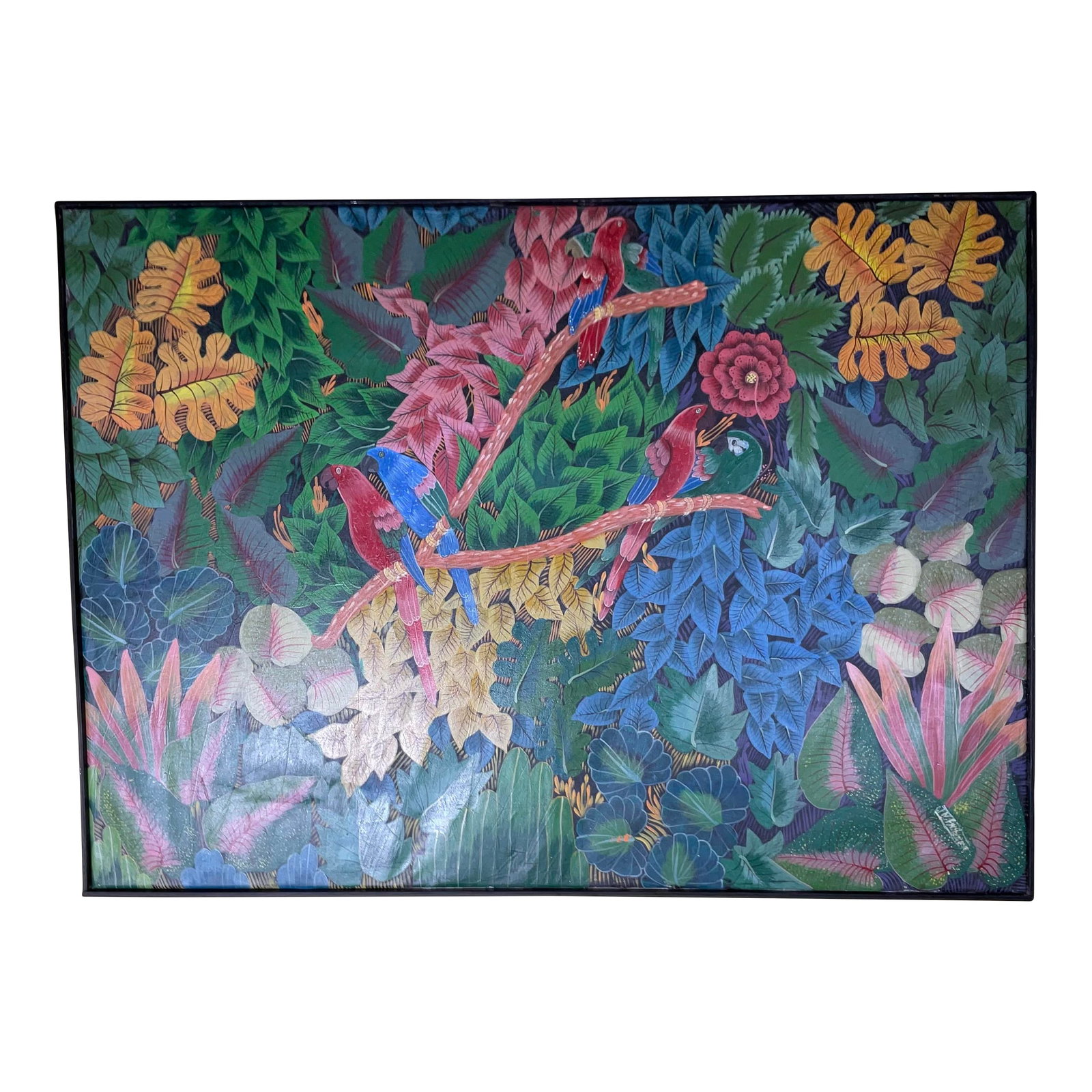 Captivating Haitian Jungle Scene With Macaws - Signed Original Art: vibrant beauty of Haiti with this stunning original painting, a lush depiction of a tropical jungle teeming with colorful macaws. This captivating piece is more than just a painting; it's a window