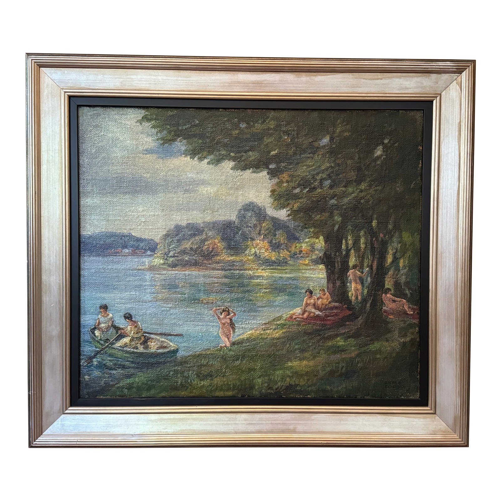 Oil Painting on Canvas of Nudes in a Lakeside Landscape by Oscar Erickson, C. 1920.: "Dianne & her Attendants", (The women's summer camp, Wisconsin circa 1920) by Oscar Erickson (1883-1968), oil on canvas 22 x 26 in. in a newer flat black liner with silver gilt frame surround. Oscar