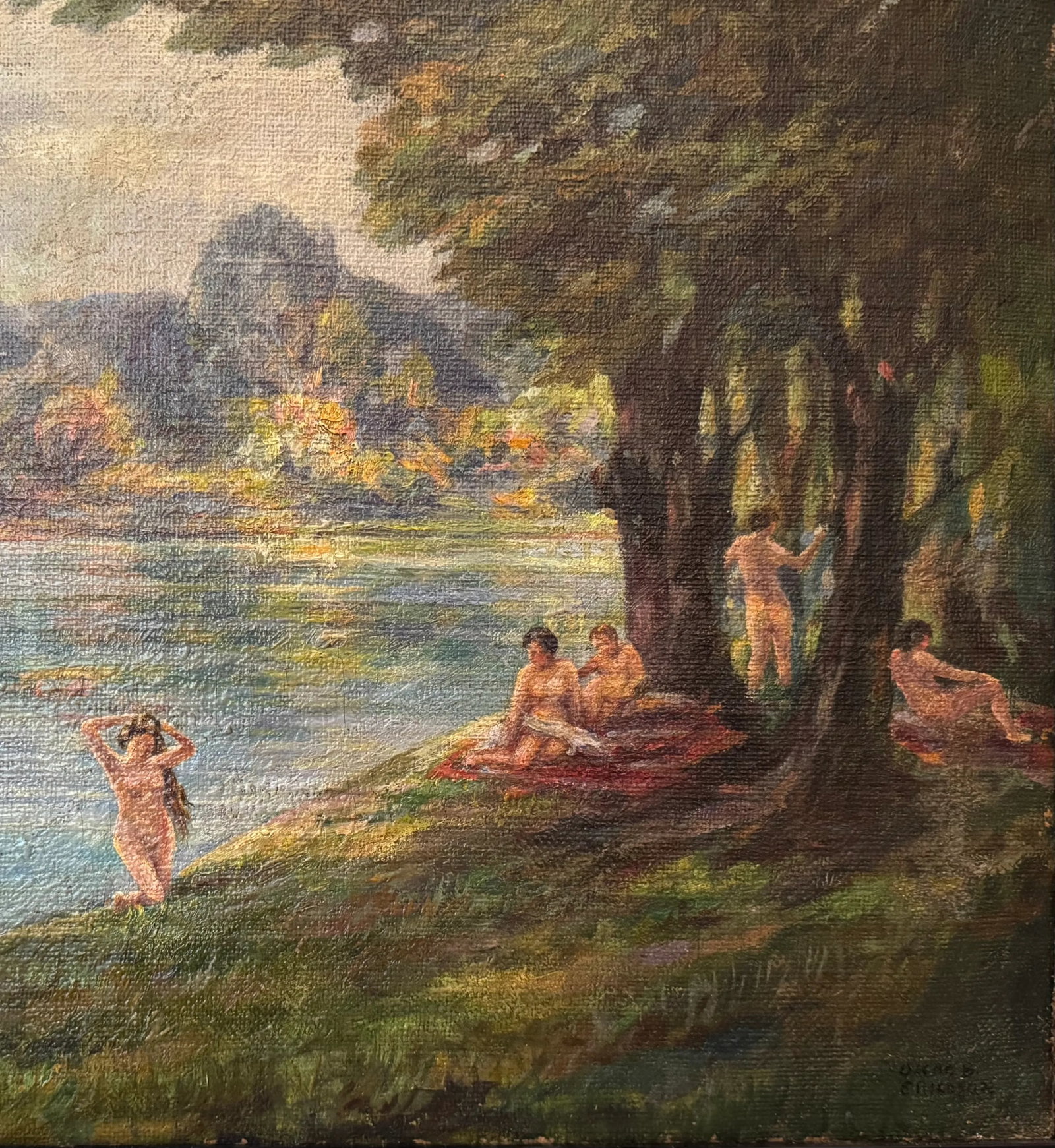 Oil Painting on Canvas of Nudes in a Lakeside Landscape by Oscar Erickson, C. 1920. - 7