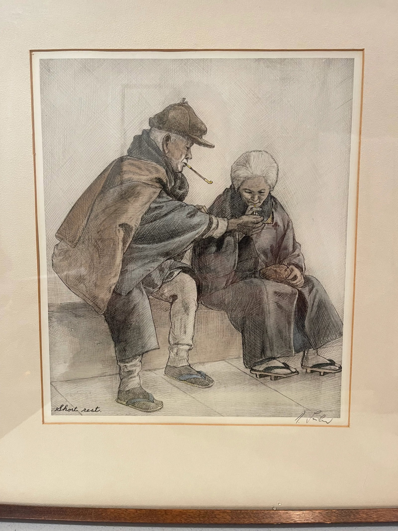 1940s Seiler, Willy. "Short Rest" Original Japanese Hand-Colored Etching, Framed - 10