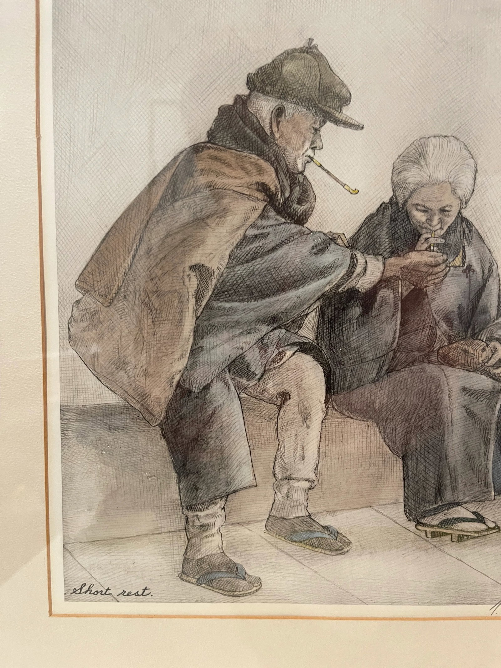 1940s Seiler, Willy. "Short Rest" Original Japanese Hand-Colored Etching, Framed - 12