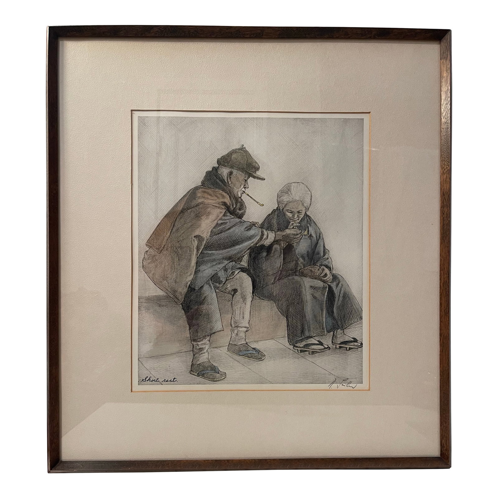 1940s Seiler, Willy. "Short Rest" Original Japanese Hand-Colored Etching, Framed: The image depicts an older couple on a rest stop, very lovingly. The frame on this is exceptional, appears to be a teak wood or similar. (Therefore valued higher than comparable pieces in this