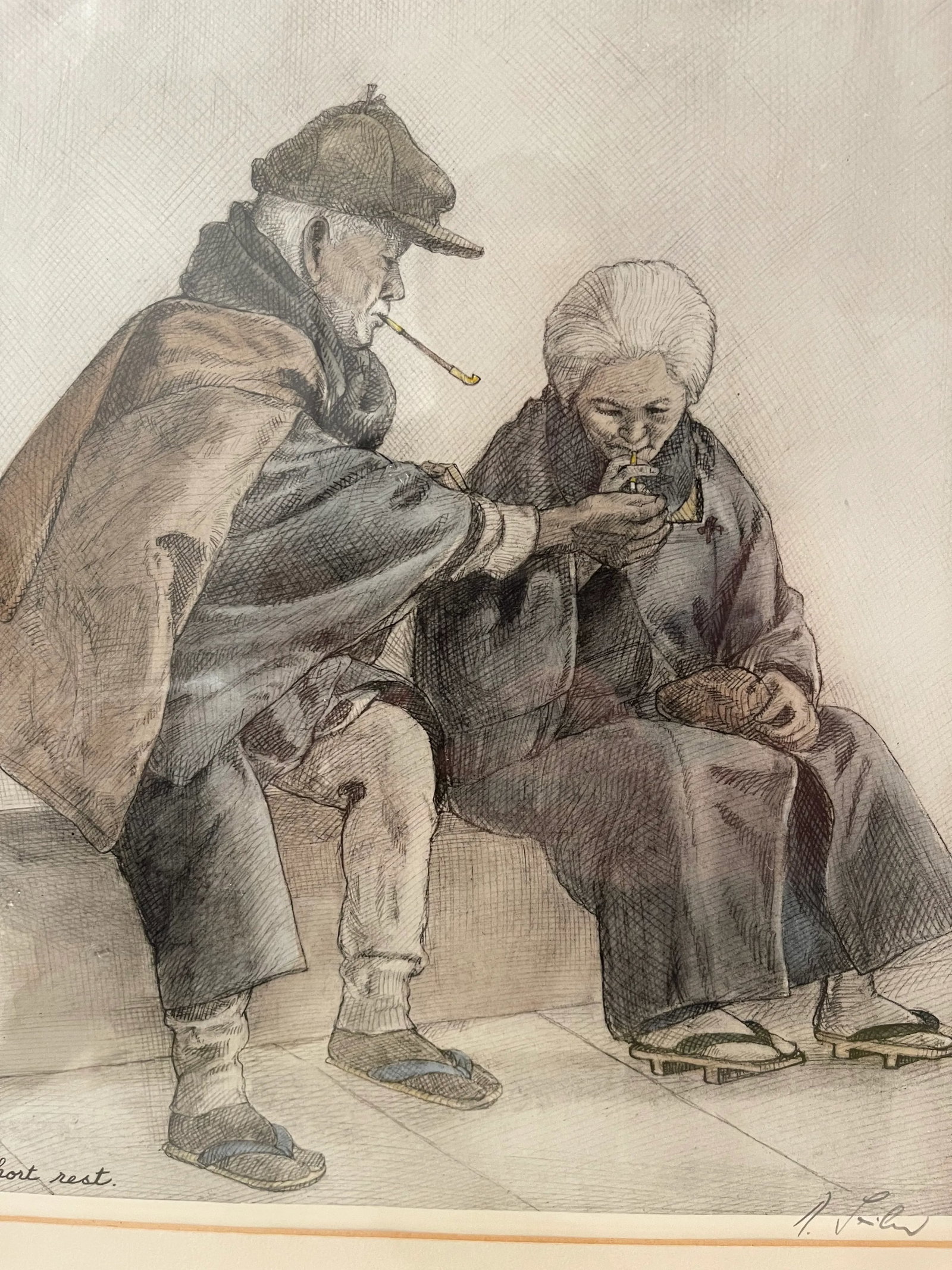 1940s Seiler, Willy. "Short Rest" Original Japanese Hand-Colored Etching, Framed - 7
