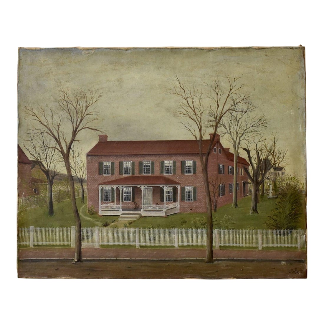 Antique Folk Art Virginian Brick Home Portrait on Canvas, Circa Late 19th Century: Antique Folk Art Virginian Brick Home Portrait on Canvas, Circa Late 19th Century. Moody portrait of a stately home within a city setting, noted by the brick sidewalk running the length of the picket