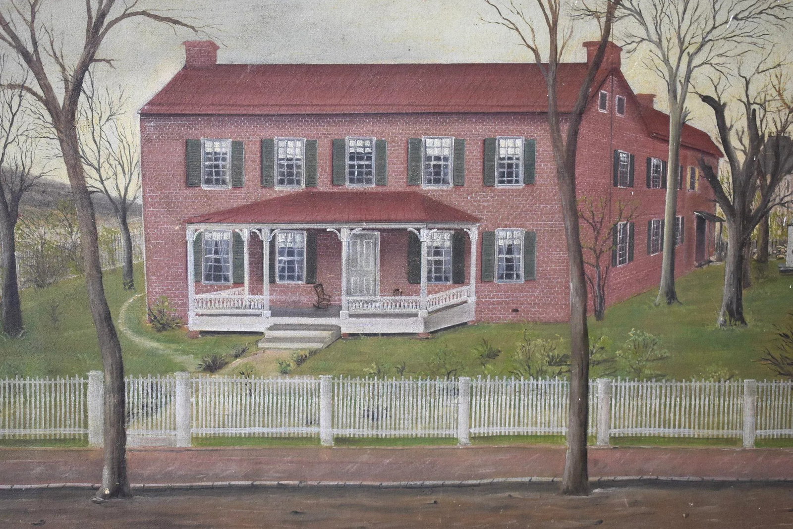Antique Folk Art Virginian Brick Home Portrait on Canvas, Circa Late 19th Century - 3