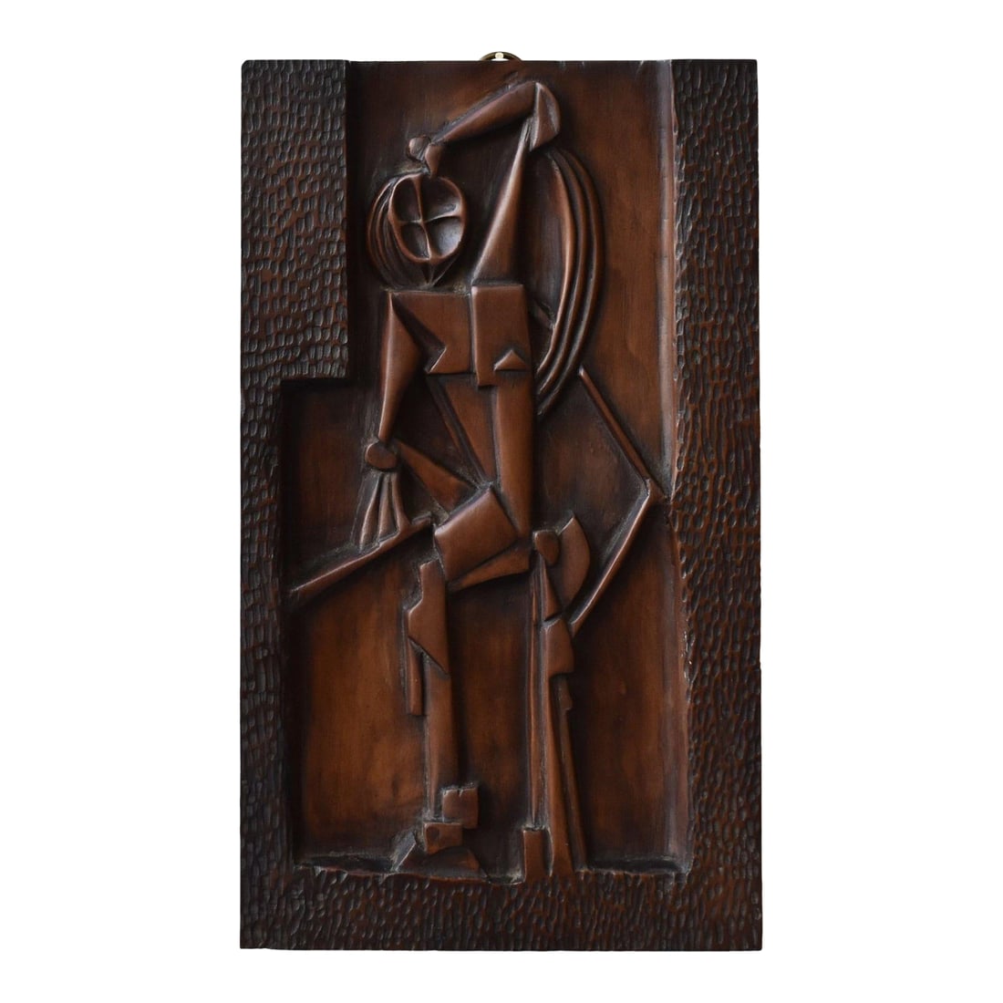 Vintage Cubist Carved Bas Relief Portrait, Circa 1940s: Vintage Cubist Carved Bas Relief Portrait, Circa 1940s. An exceptional work in wood, this modernist masterpiece shows a central figure with one arm extending upward, their hand resting on its head.