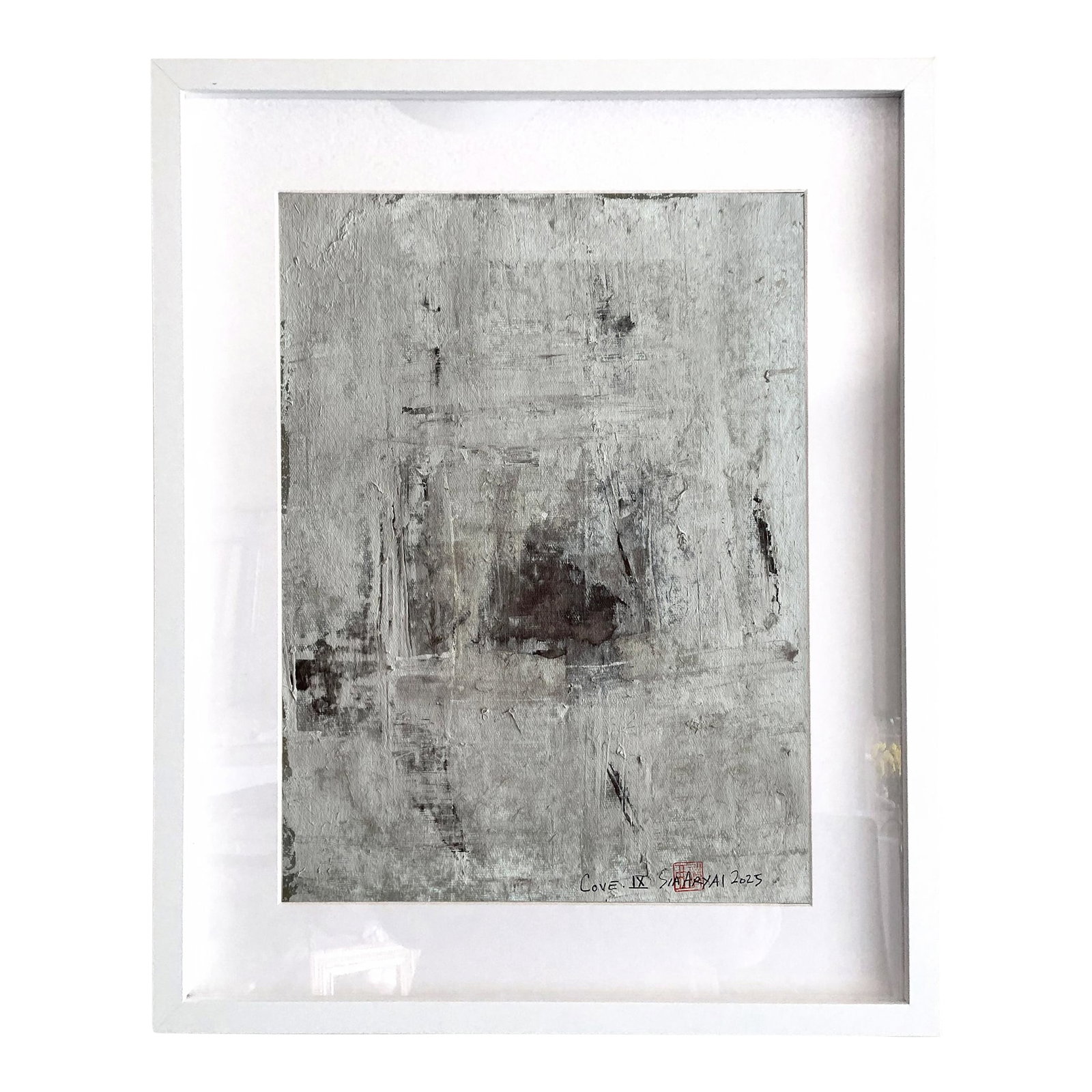 Cove.IX, Original Painting, Framed: Abstract moments arranged as if in panels bring a striking balance to this original wall art painting on handmade parchment. The Painting is 12X16", It comes custom-framed in a 16X20X1.2" white shadow