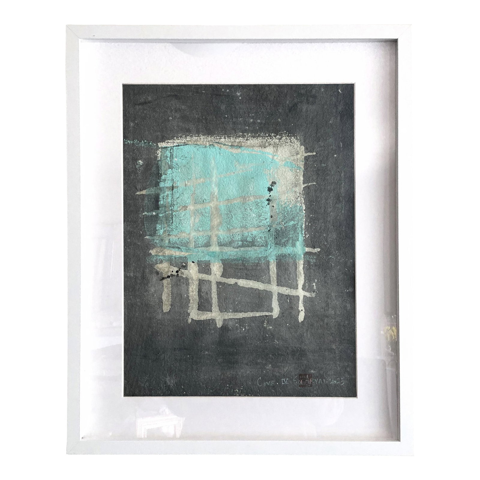 Cove.IV White Framed Abstract Painting: A neutral blue foreground against a gray backdrop suggests a tranquil landscape in this original one of a kind wall art painting The Painting is 12X16", It comes custom-framed in a 16X20X1.2" white
