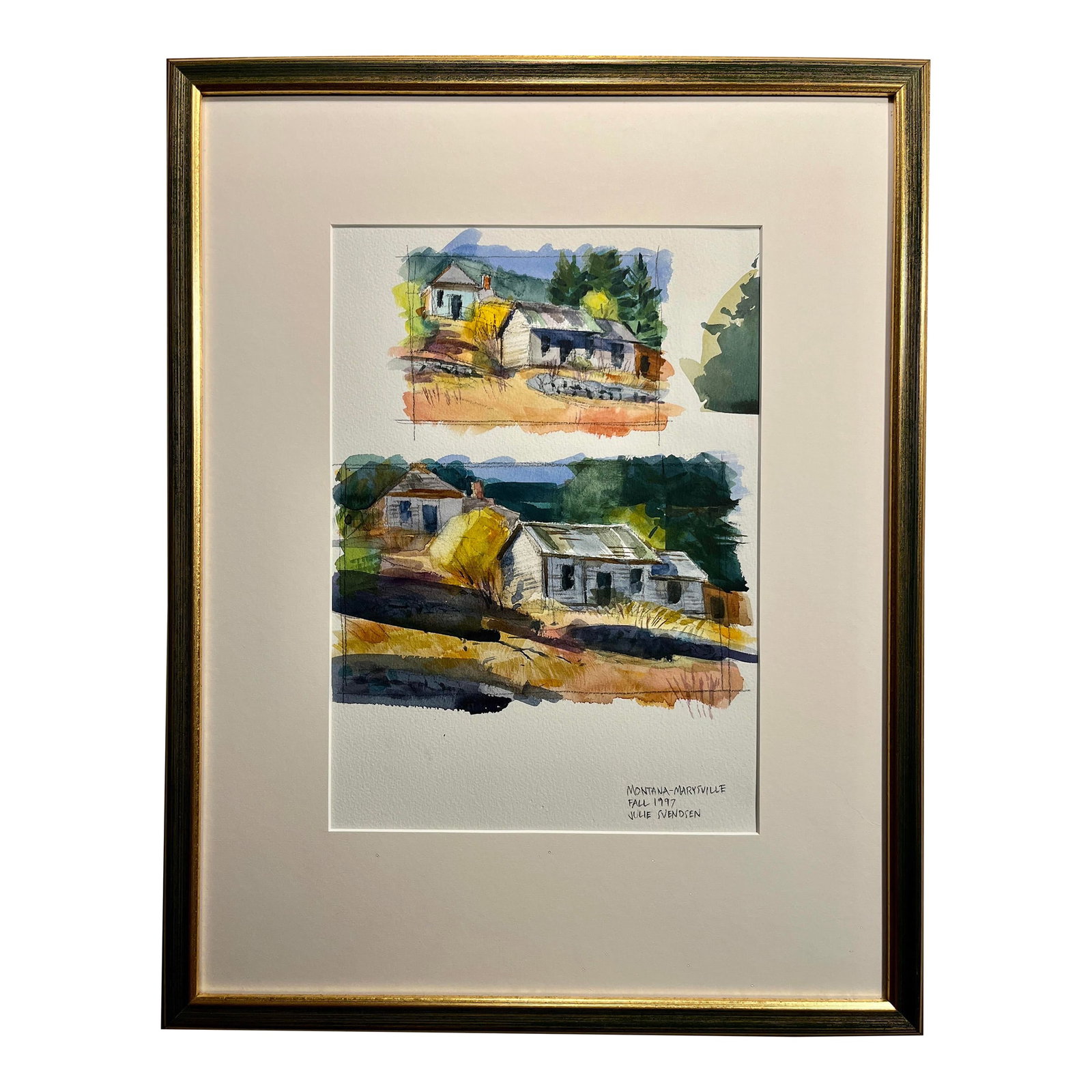 1997 Disney Imagineer Julie Svendsen "Montana-Marysville" Original Watercolor Painting, Framed: 1997 Disney Imagineer JULIE SVENDSEN "Montana-Marysville" Original Watercolor Painting Aprox. dimensions: Frame: 21"H x 17"W Opening area: 13.5"H x 9.5"W Very good original condition! Custom framed wi