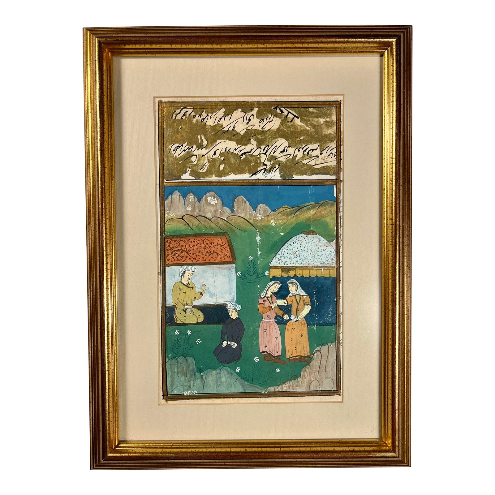 19th Century Antique Persian Illustrated Manuscript Miniature Gouache Painting: 19th Century Antique Persian Illustrated Manuscript Miniature Gouache Painting Aprox. dimensions: Visible area: 9"H x 5"W Frame: 13"H x 9.5"W Good original condition! Custom framed with acid free