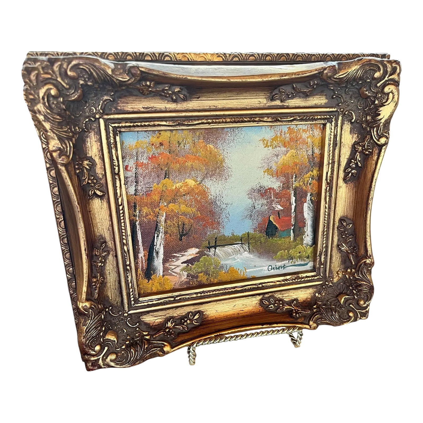 Italian Oil Painting in Gilded Frame: This vintage Italian landscape painting captures timeless beauty with soft brushwork, atmospheric depth, and a classic European sensibility. The richly carved gold frame adds grandeur, enhancing the
