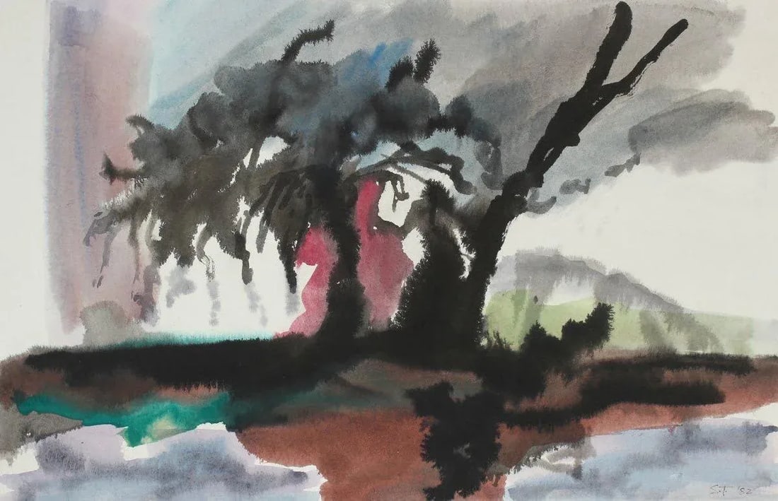 Expressionist Landscape With Tree 1982 Ink and Watercolor: This mid to late 20th century expressionist landscape in ink and watercolor is by Santa Fe artist Seymour Tubis (1919-1993). Tubis studied at the Art Students League with Hans Hofmann (1946-1949). He 