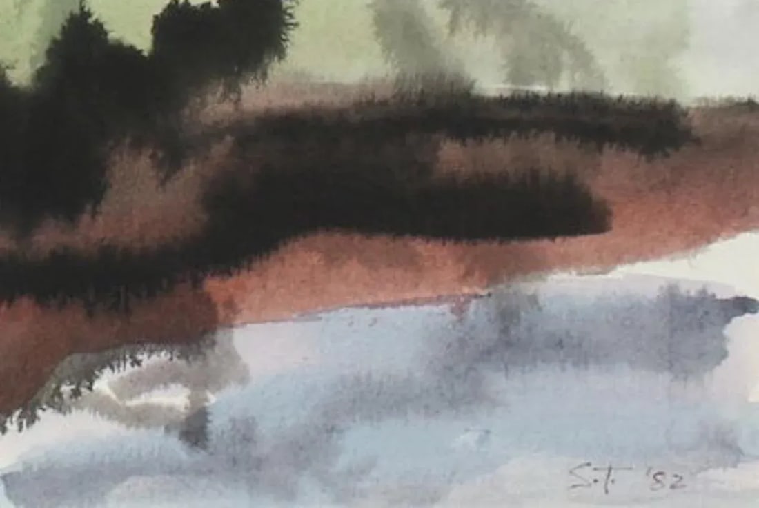 Expressionist Landscape With Tree 1982 Ink and Watercolor - 2