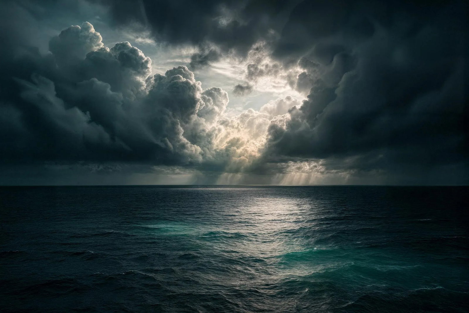 Dark Storm, Contemporary Photograph by Michael Filonow: Towering clouds in the Caribbean ignite with golden light above tranquil turquoise waters, capturing a fleeting moment where nature's drama meets serene beauty. Printed on 300 gsm Archival Fine Art